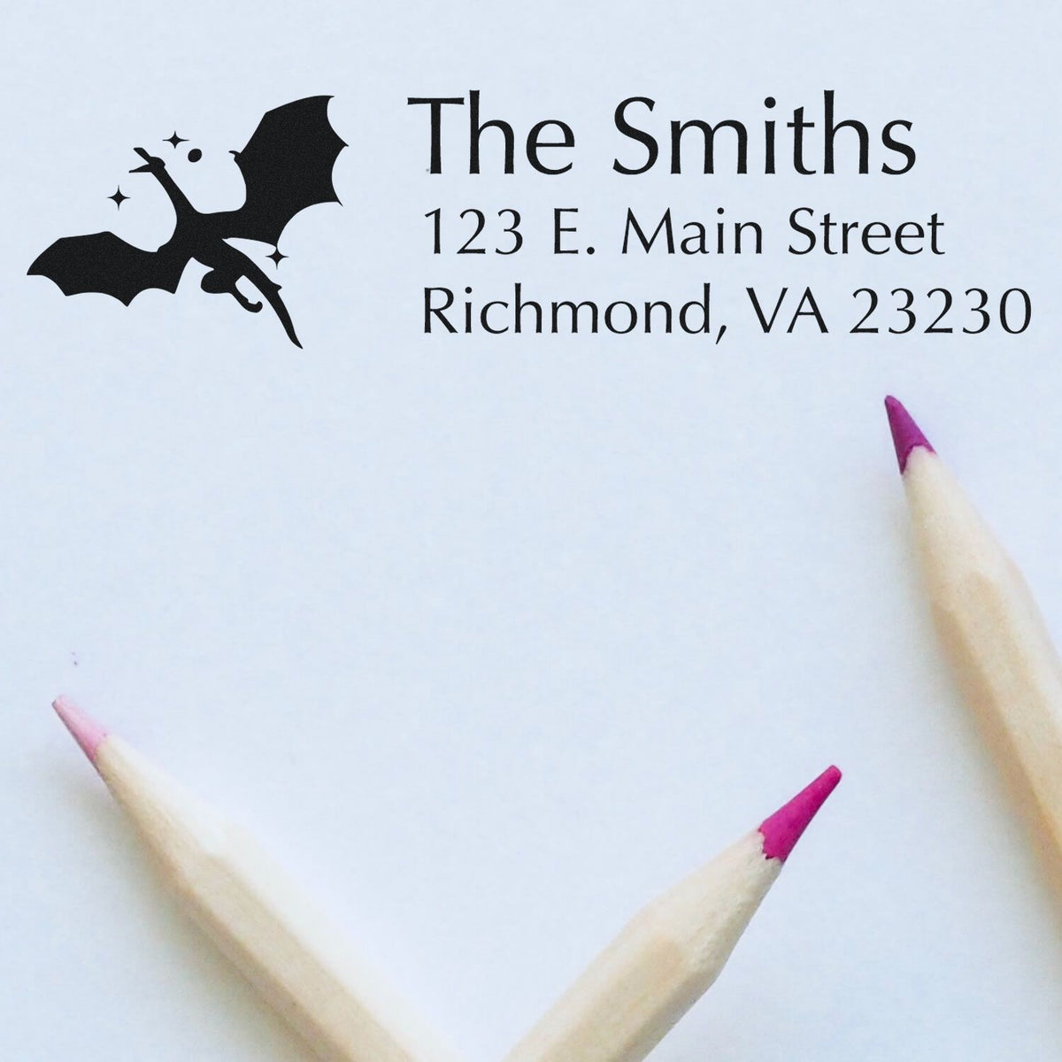 Custom return address rubber stamp with bat design, featuring The Smiths, 123 E. Main Street, Richmond, VA 23230.