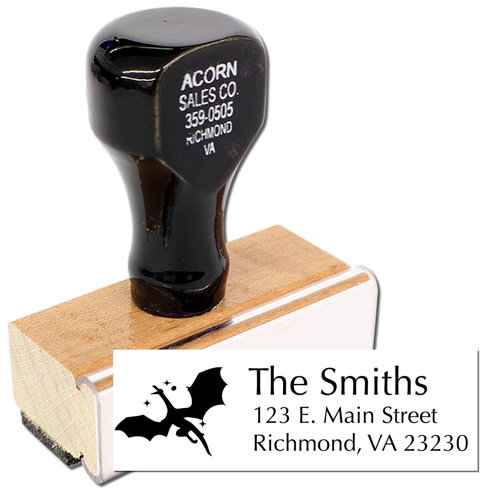 Custom rubber address stamp with bat graphic for The Smiths, 123 E. Main Street, Richmond, VA 23230.