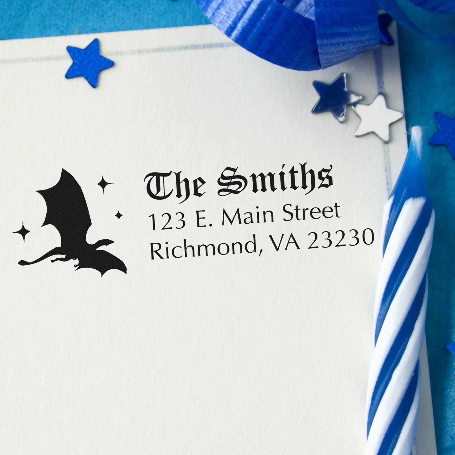 Custom return address rubber stamp with bat and stars on an envelope for The Smiths, Richmond, VA.