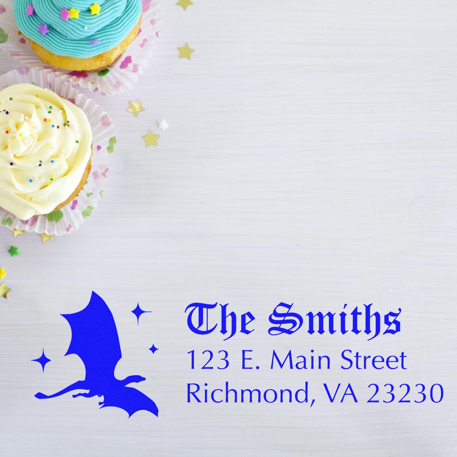 Custom bat return address rubber stamp for The Smiths, Richmond VA, shown on a cupcake party background.