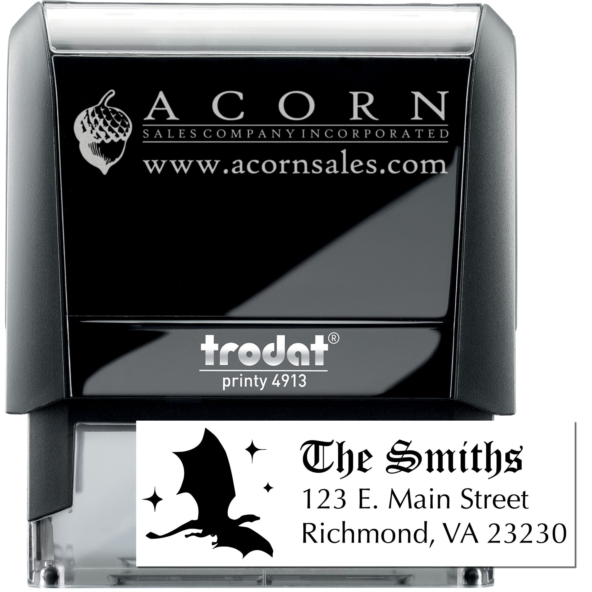 Trodat Printy 4913 self-inking address stamp with custom logo, website, and return address imprint.
