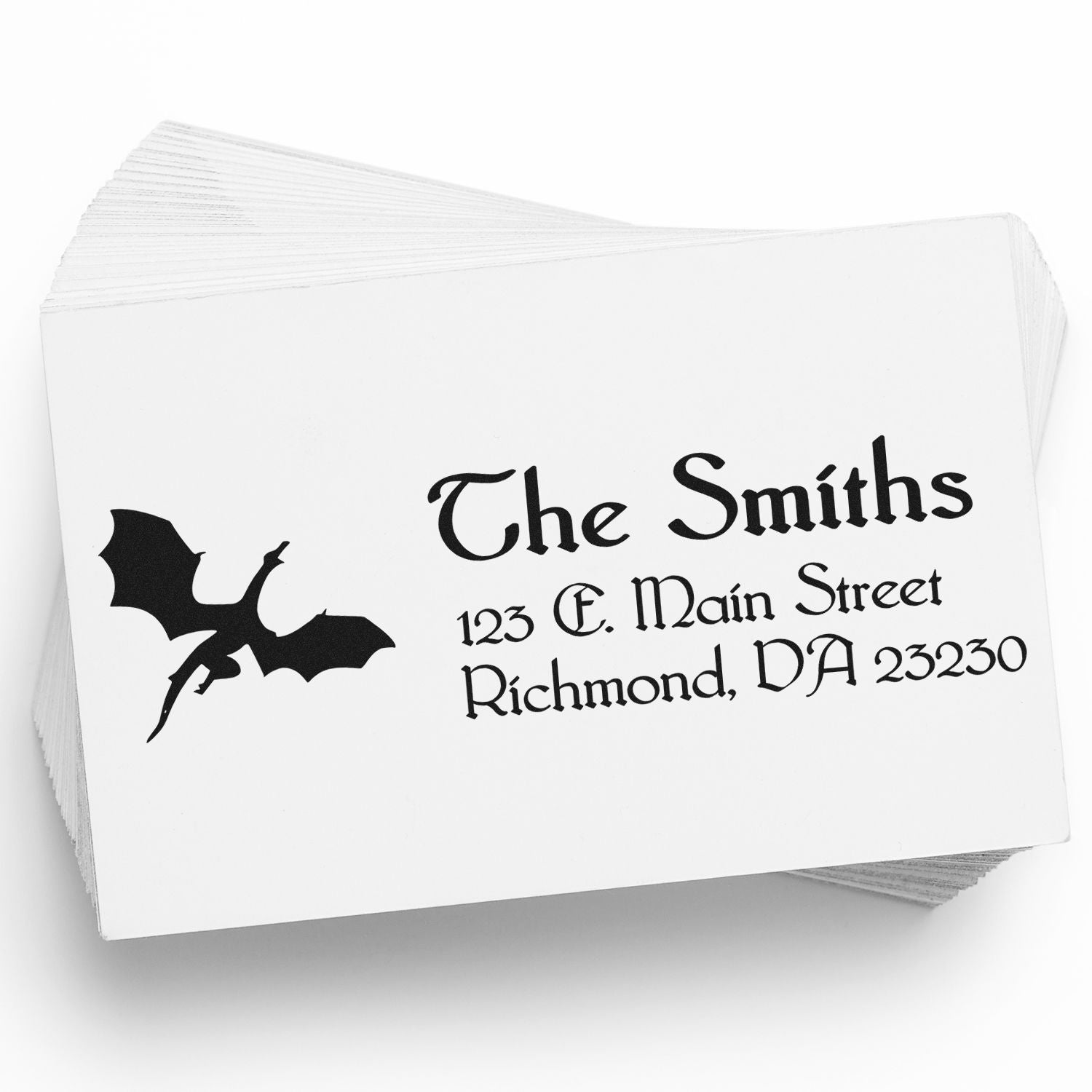 Custom return address rubber stamp with bat graphic for The Smiths, featuring name and Richmond mailing address.