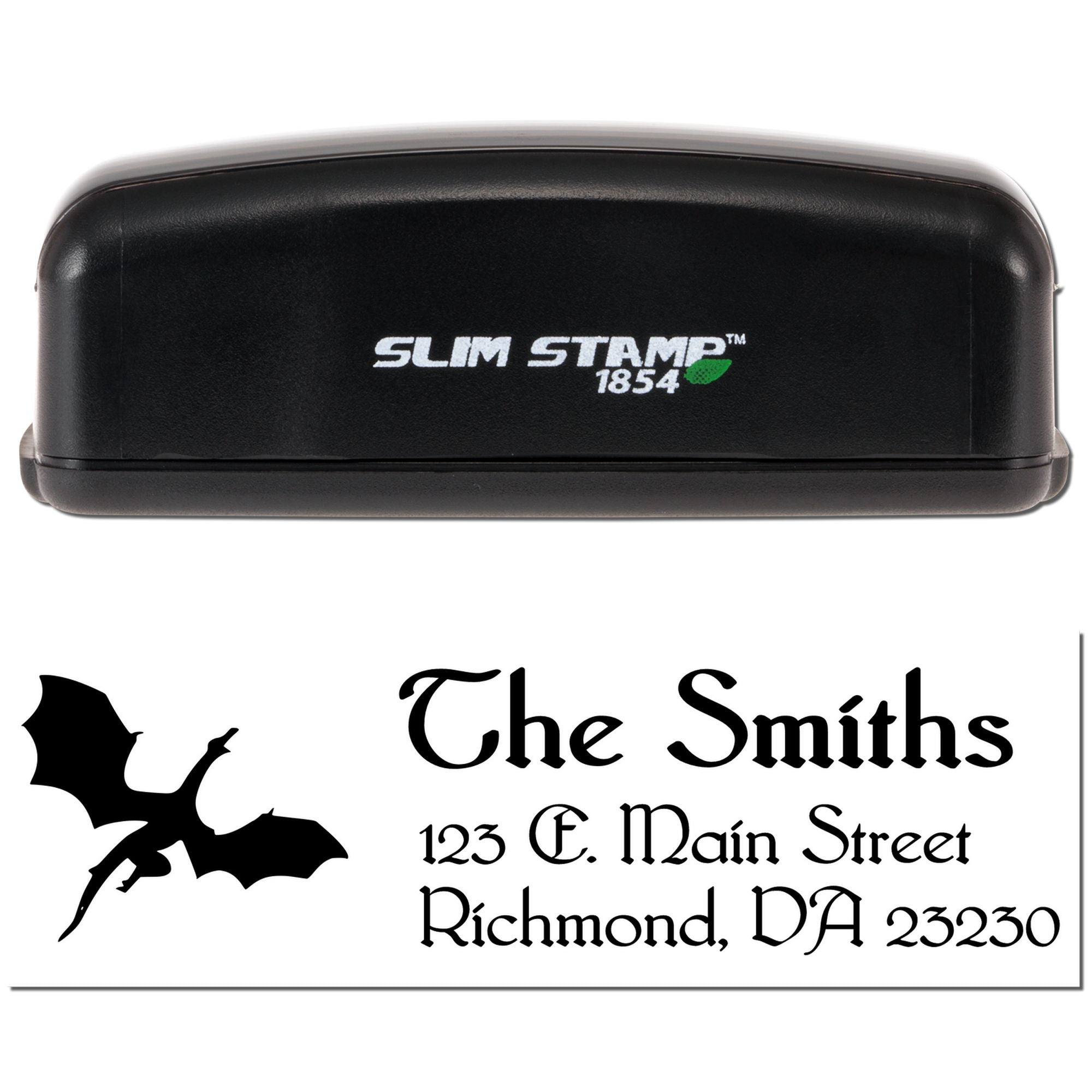 Slim Stamp 1854 custom rubber return address stamp with bat graphic and The Smiths, Richmond, VA imprint.