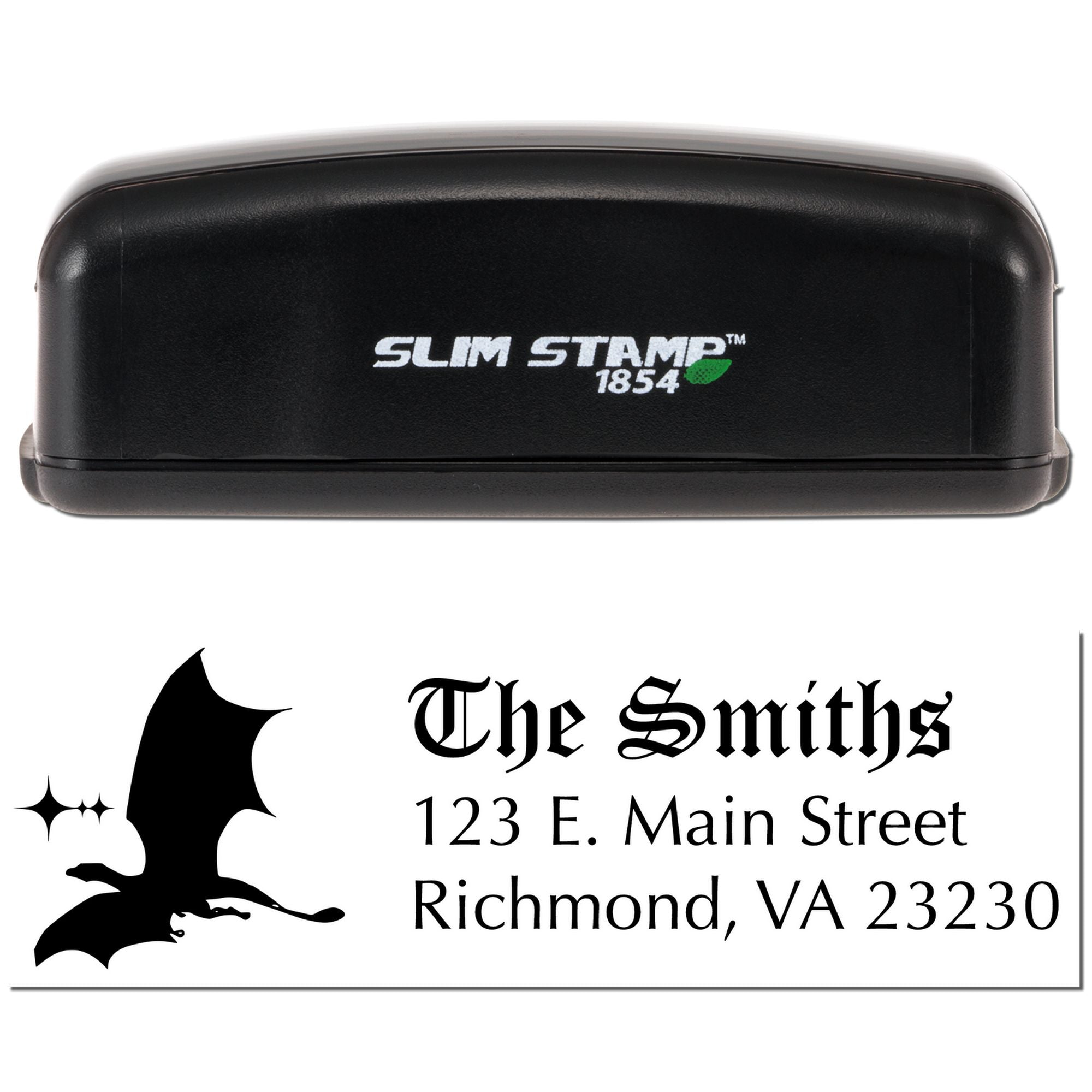 Slim Stamp 1854 custom address rubber stamp with The Smiths return address, Richmond, VA, and decorative monogram.