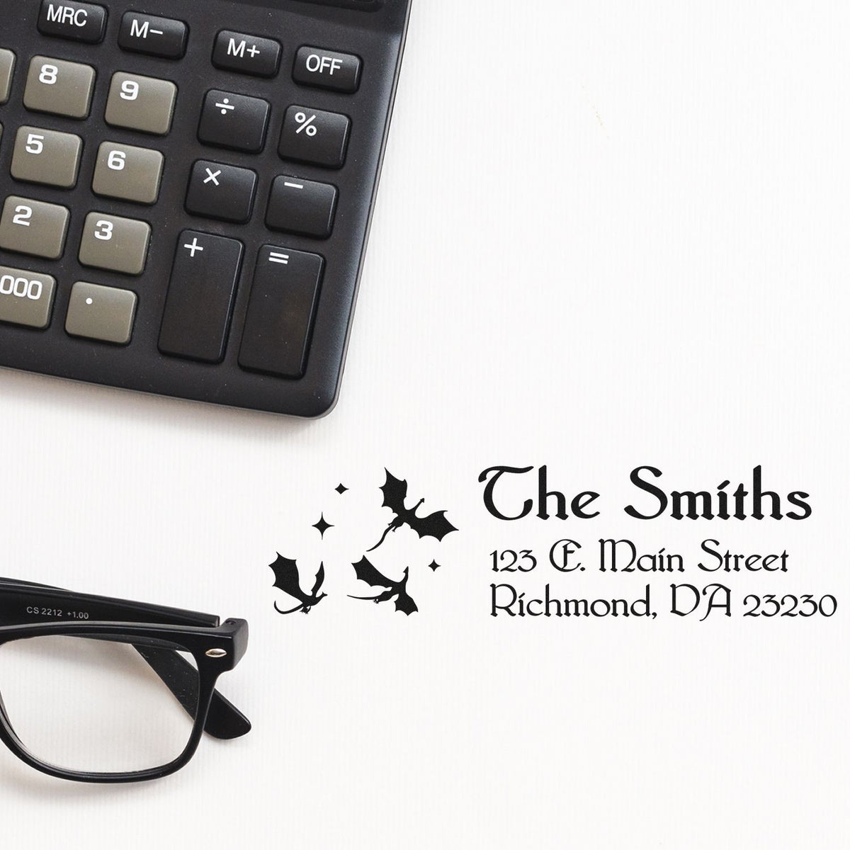 Custom return address rubber stamp with bats for The Smiths, featuring name and Richmond, VA address.