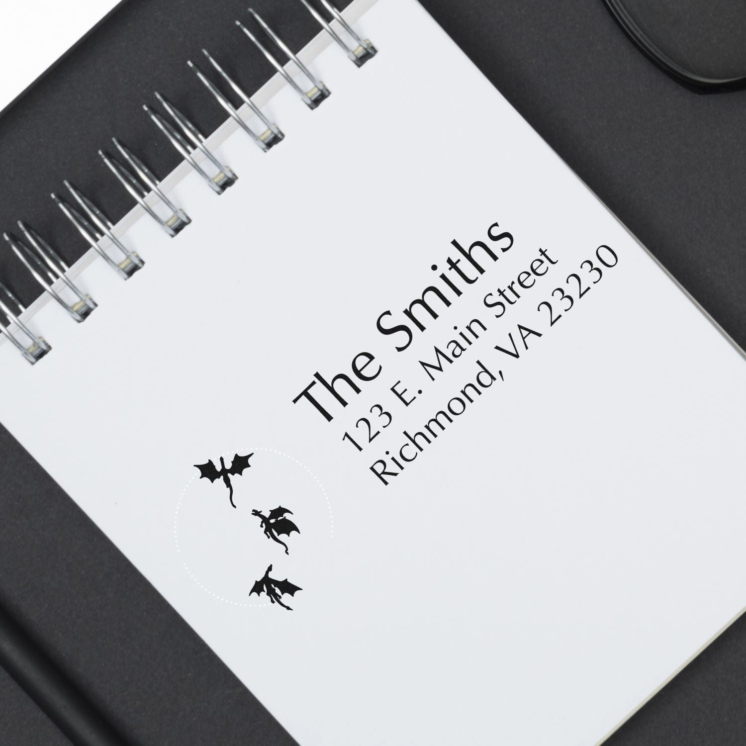 Custom address rubber stamp for personalized stationery, showing The Smiths name, Richmond VA address, and bat design.