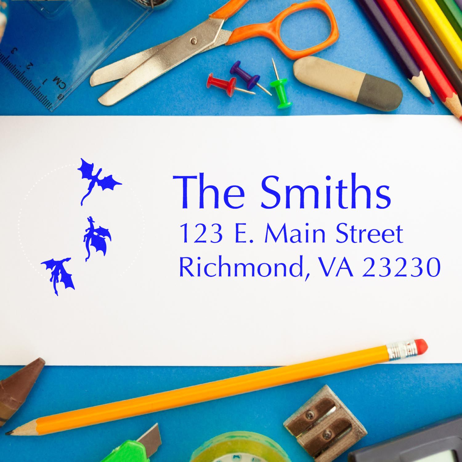 Custom return address rubber stamp for The Smiths, featuring name, Richmond VA address, and holiday holly design.