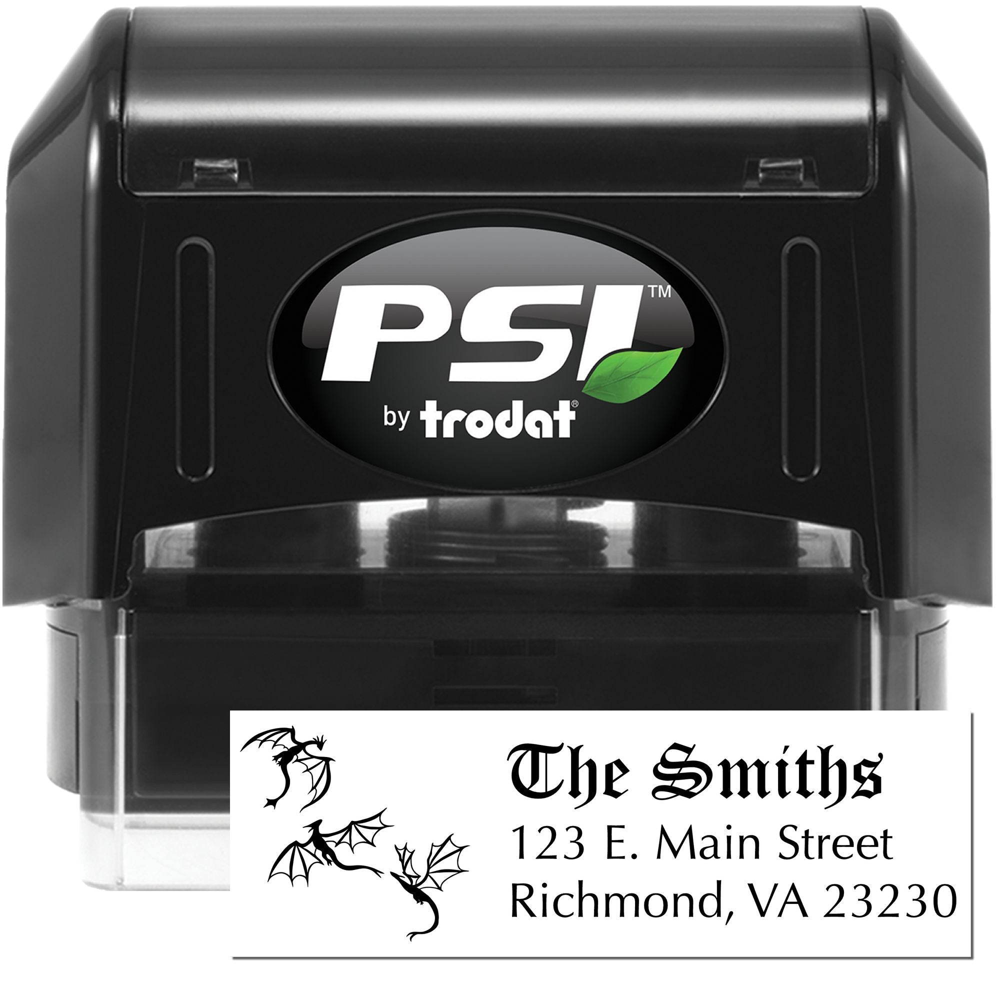 Custom self-inking rubber stamp by PSI Trodat with personalized address imprint and dragon artwork