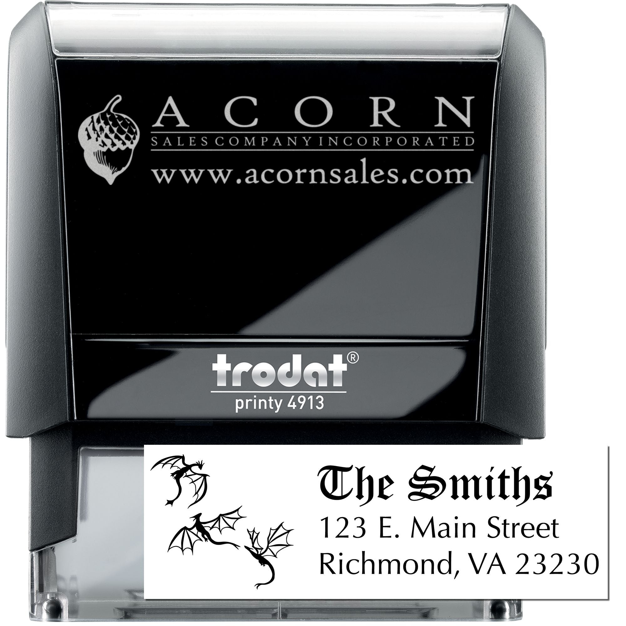 Trodat Printy 4913 self-inking rubber stamp with custom logo and address imprint for business branding and mailing