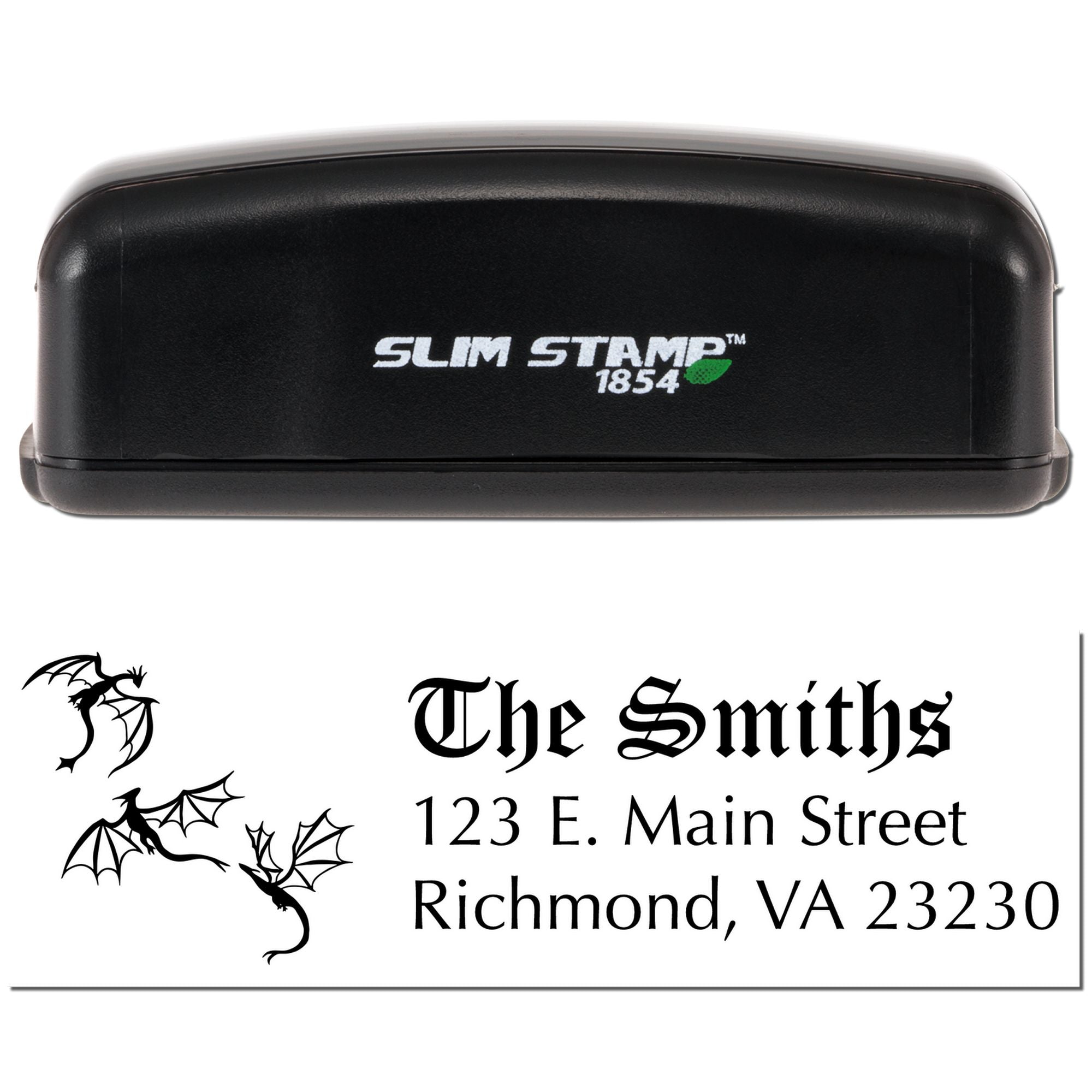 Custom Slim Stamp 1854 rubber stamp for return address printing, featuring The Smiths name, address, and dragon artwork.