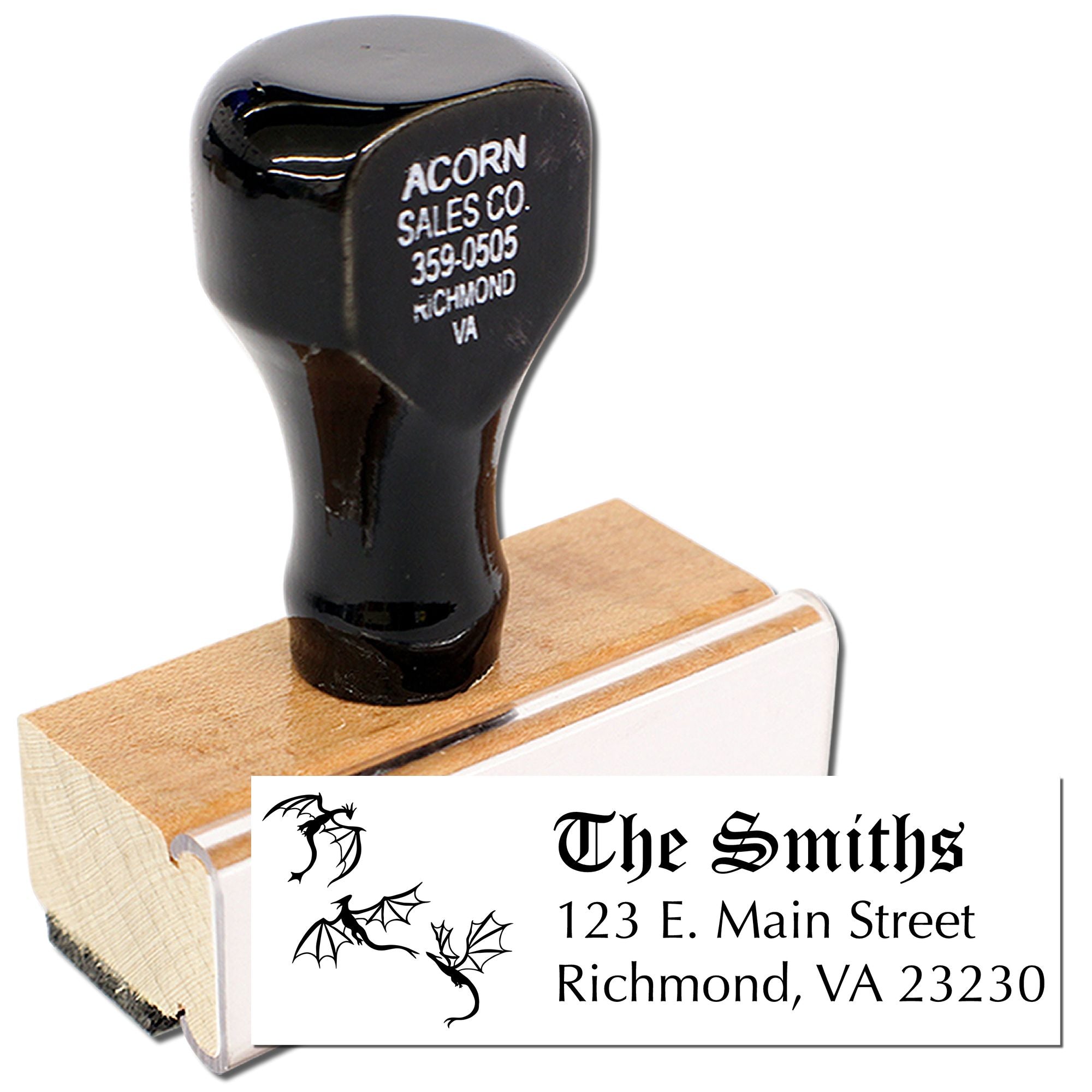 Personalized custom address rubber stamp with dragon artwork and The Smiths return address for mailing and crafts.