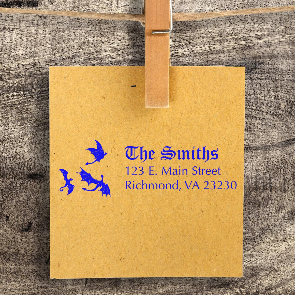 Custom return address rubber stamp for The Smiths, featuring bats and Richmond, VA on kraft paper.