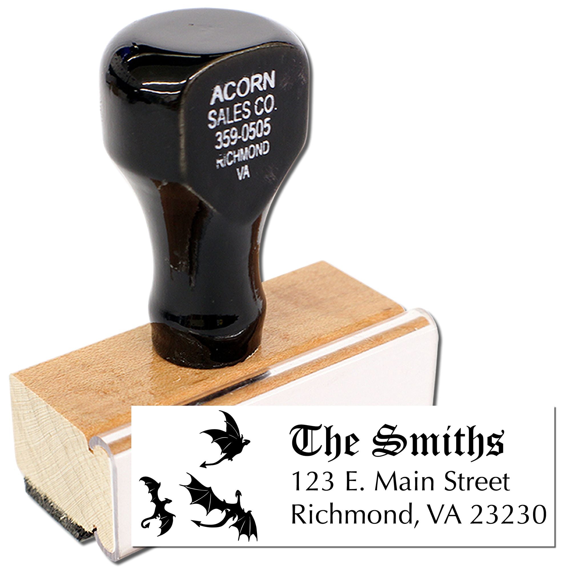 Personalized custom rubber stamp with return address and dragon logo for business mailings and envelopes.