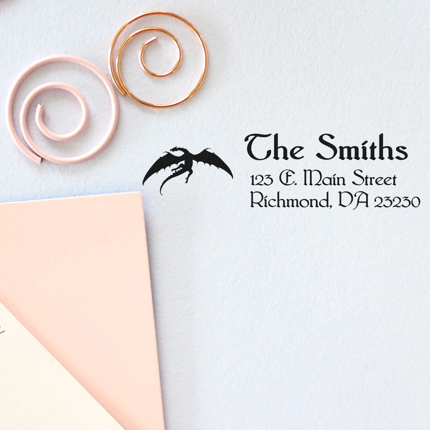 Custom return address rubber stamp with dragon logo for The Smiths, ideal for wedding invitations and personalized stationery.