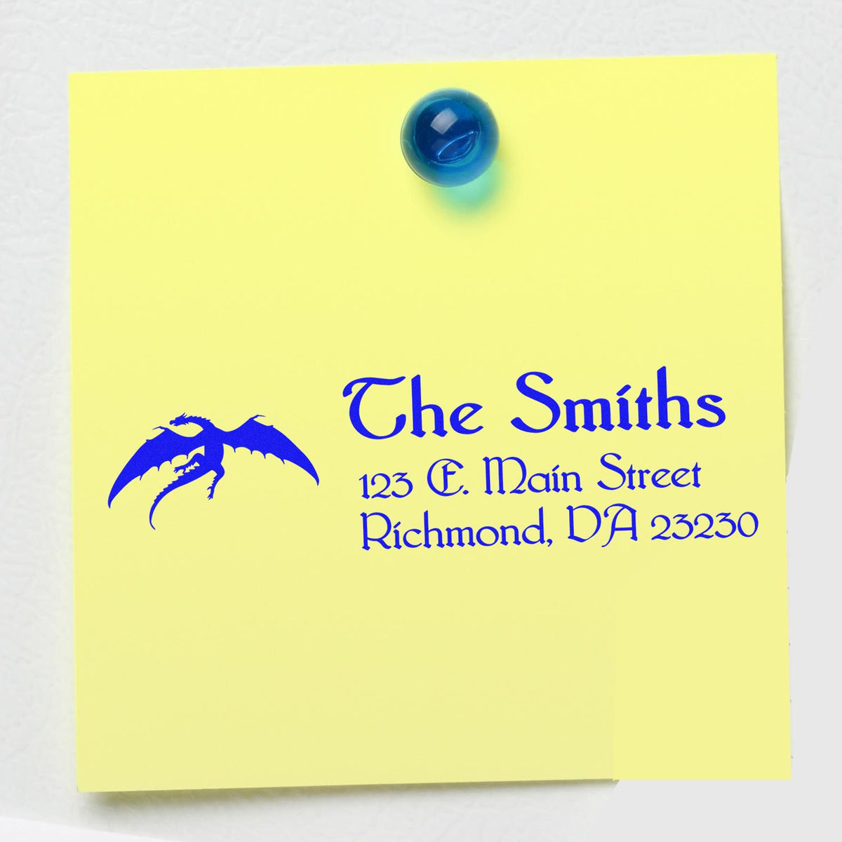 Custom rubber address stamp for The Smiths with dragon logo and Richmond, VA 23230 return address.