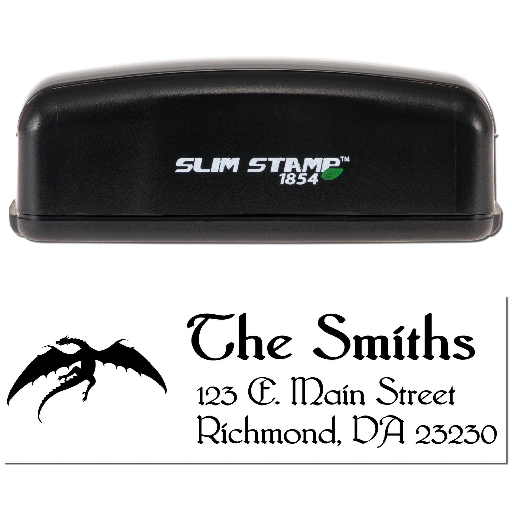 Custom self-inking Slim Stamp 1854 rubber stamp with dragon logo and return address for The Smiths, Richmond, VA.