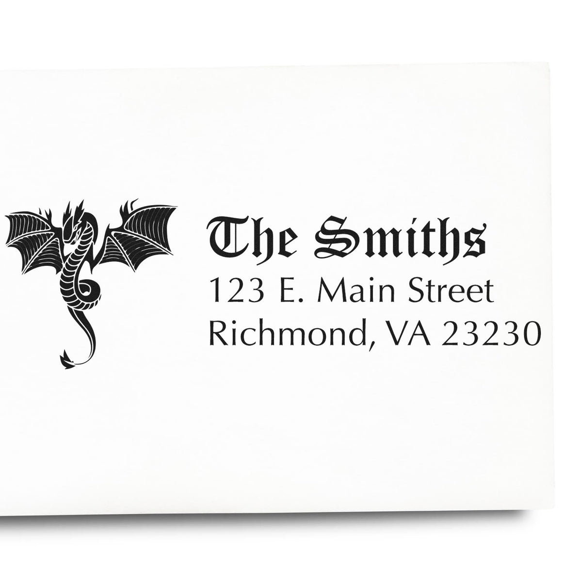 Custom dragon return address rubber stamp for The Smiths, 123 E. Main Street, Richmond, VA 23230.