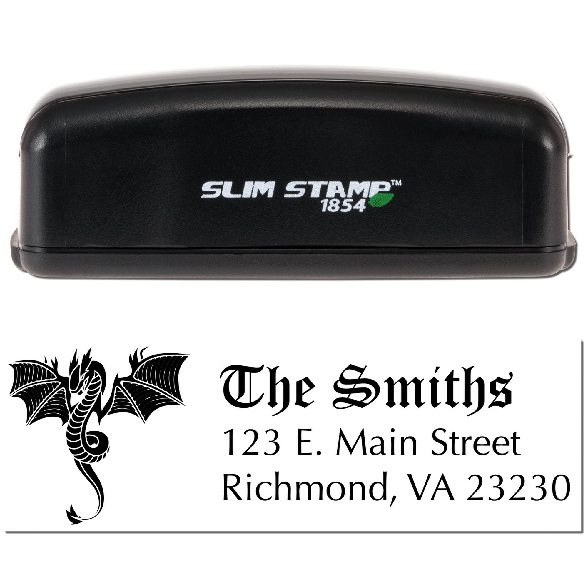 Custom address rubber stamp with dragon logo, family name, and return address for personalized mailing.