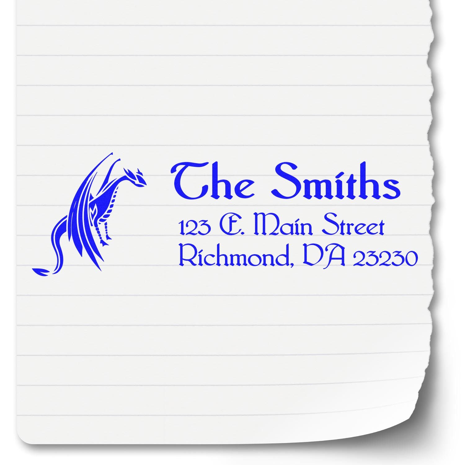 Custom dragon return address rubber stamp for The Smiths, 123 E. Main Street, Richmond, VA 23230.