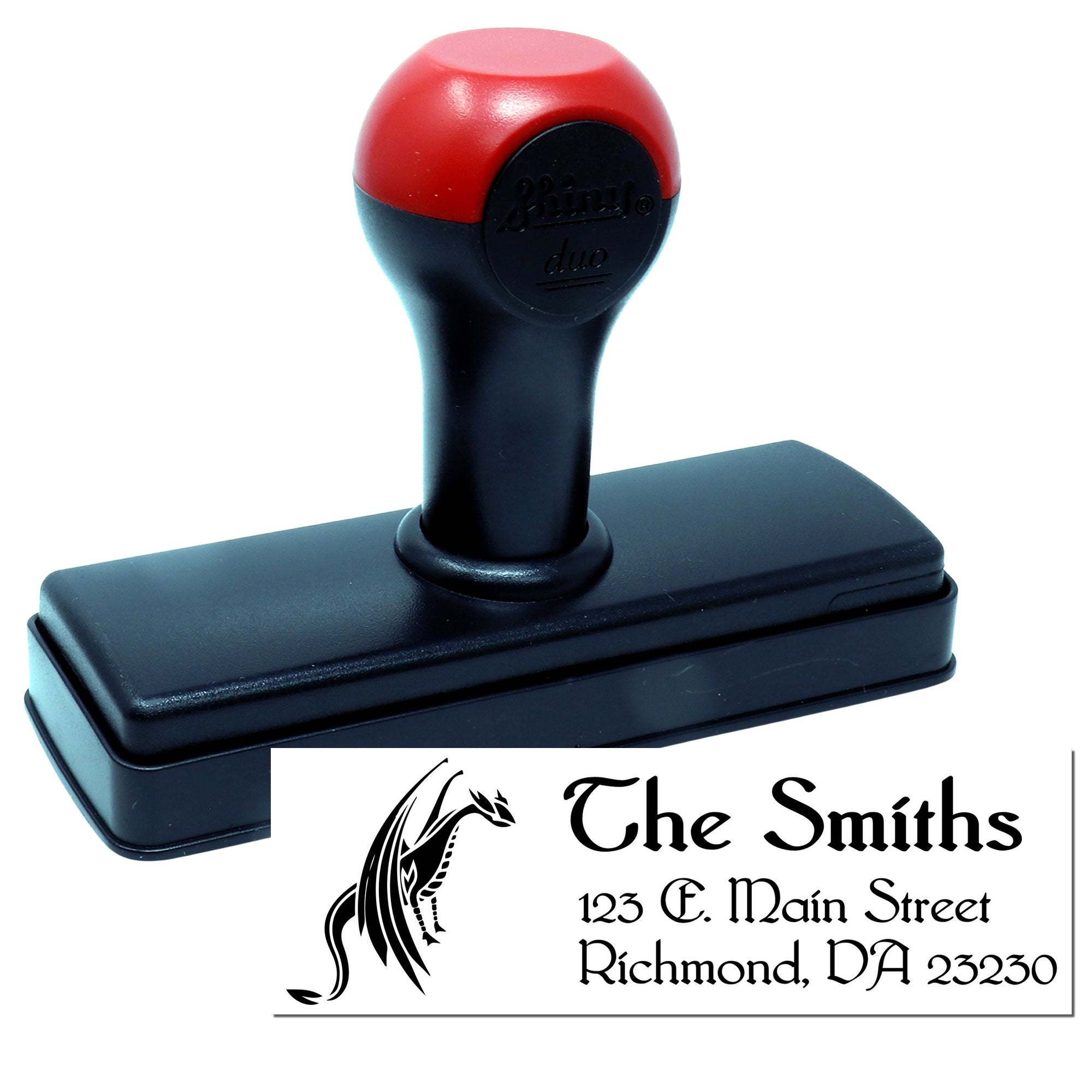 Custom self-inking rubber stamp with The Smiths return address and dragon logo for personalized business mailings