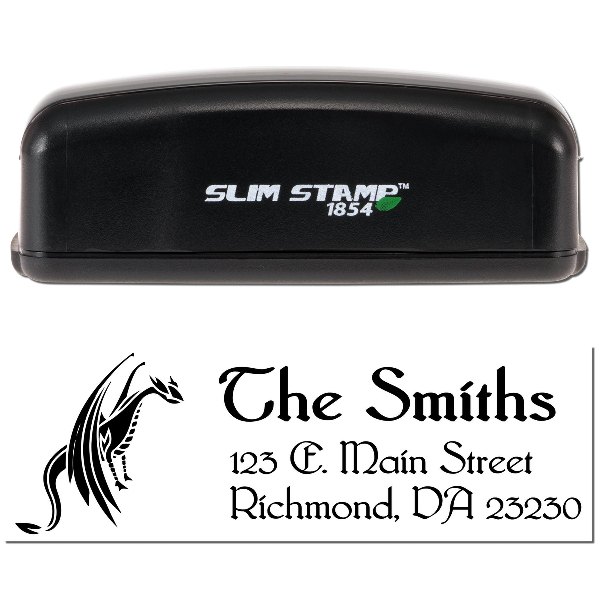 Custom Slim Stamp 1854 rubber stamp with dragon logo and personalized address imprint for The Smiths, Richmond, VA.