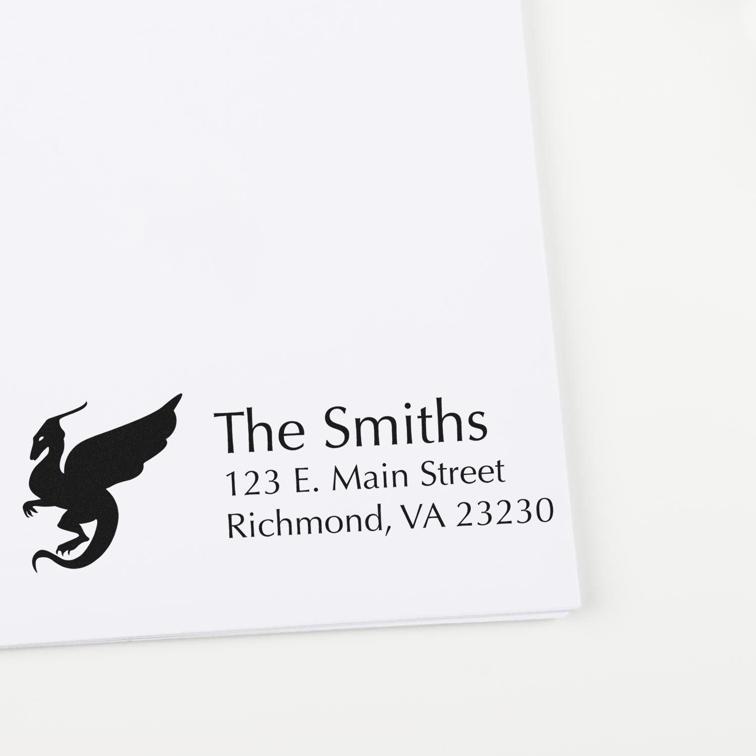 Personalized return address rubber stamp with dragon icon for The Smiths, Richmond, VA 23230