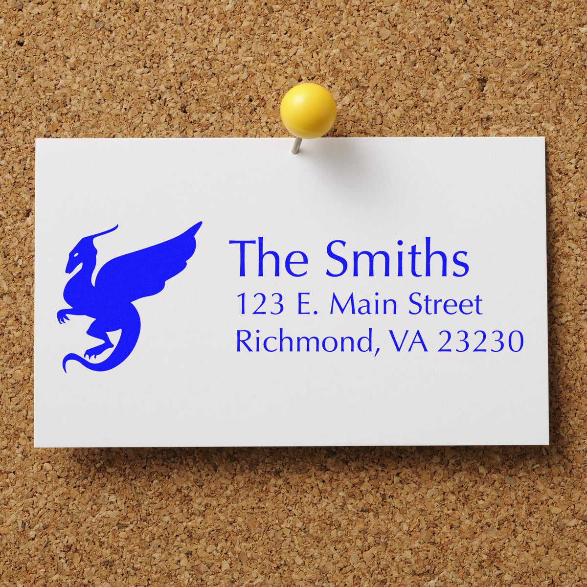 Custom return address rubber stamp for The Smiths with blue griffin logo, 123 E. Main Street, Richmond, VA 23230