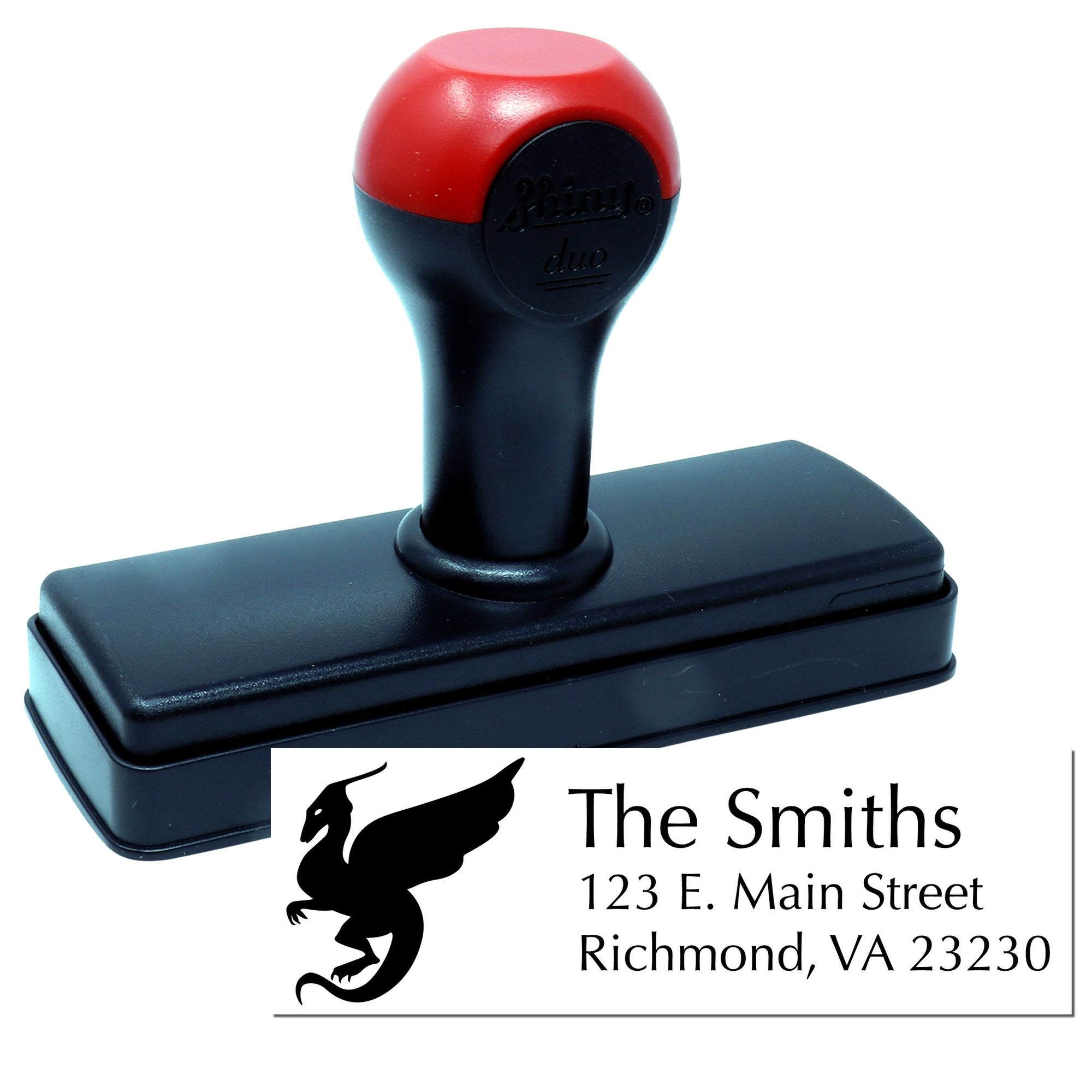 Custom self-inking return address stamp for The Smiths, featuring a logo and Richmond, VA 23230 address.