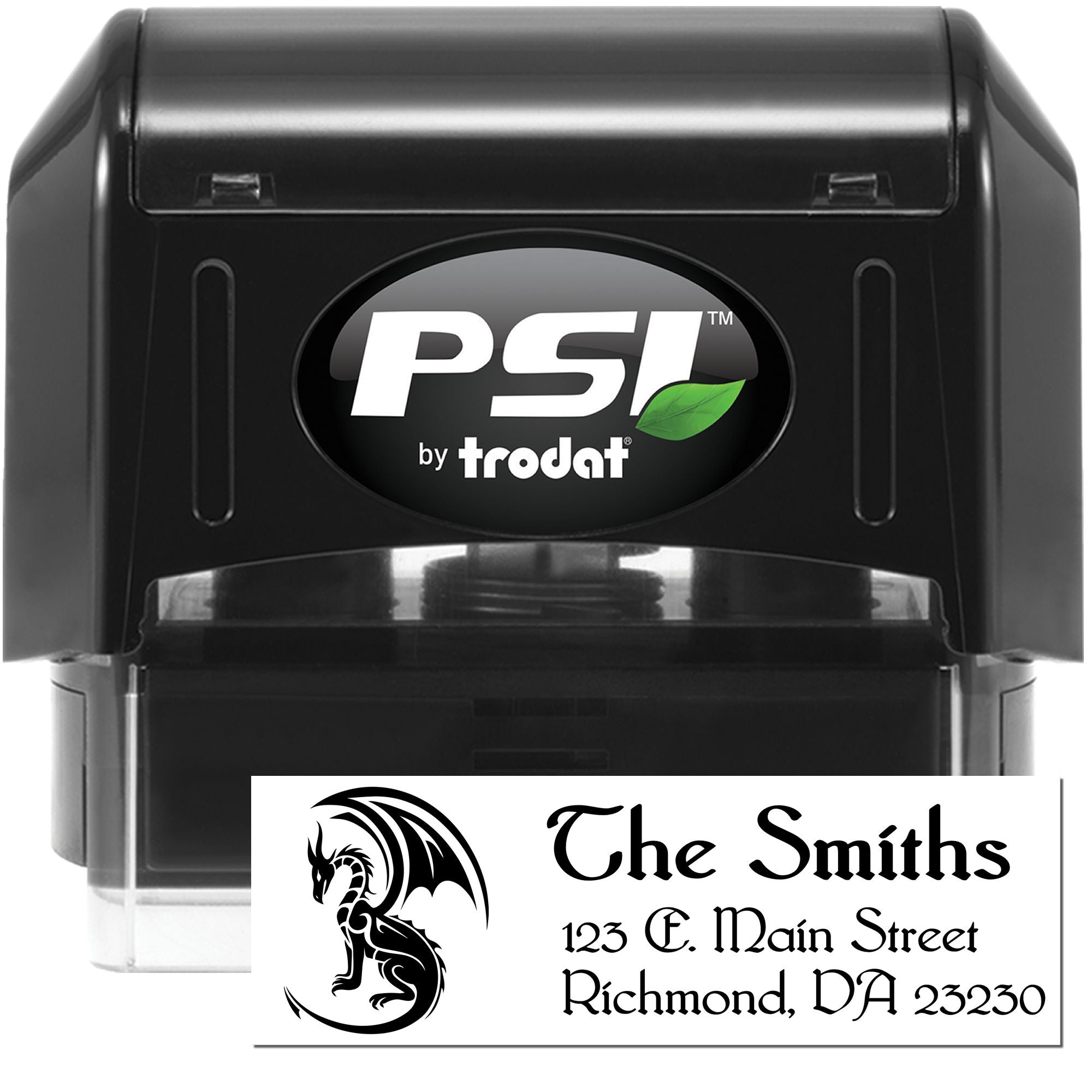 PSI by Trodat self-inking custom rubber stamp with dragon logo and The Smiths return address for personalized mailing labels