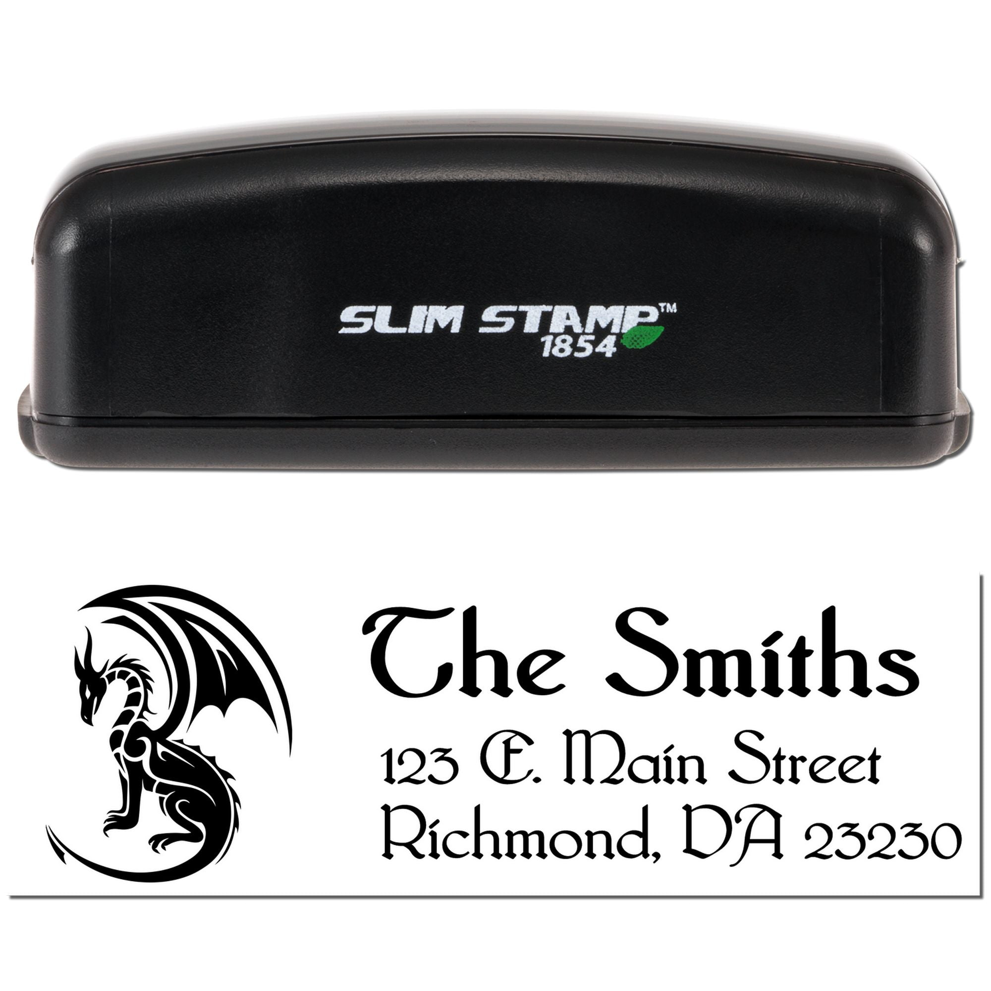 Custom Slim Stamp 1854 rubber stamp with dragon logo and The Smiths address, perfect for personalized return addressing.