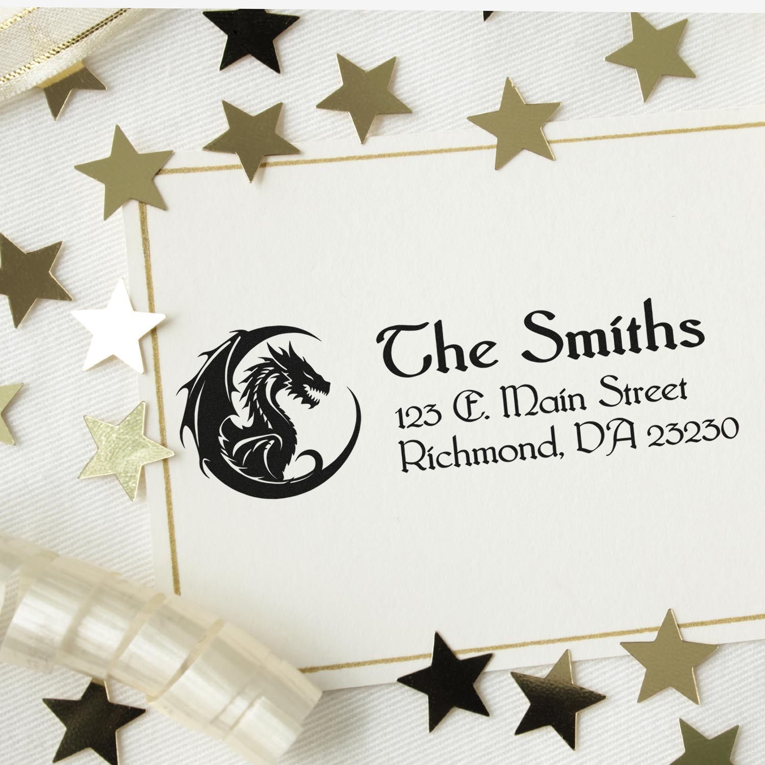 Custom return address rubber stamp with dragon logo for The Smiths, Richmond, VA.