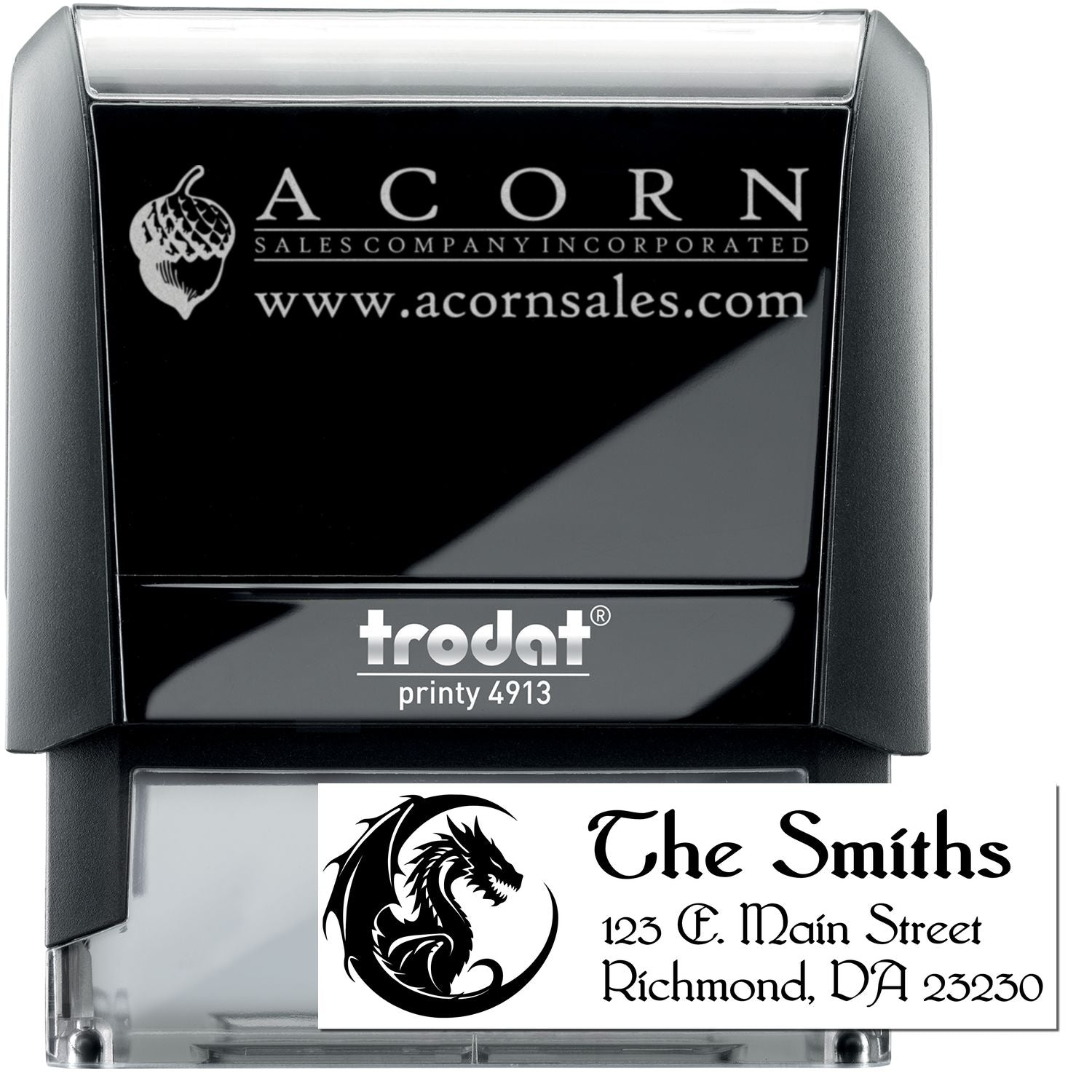 Custom Trodat Printy 4913 self-inking rubber stamp with business logo and address for branded mailings and office use