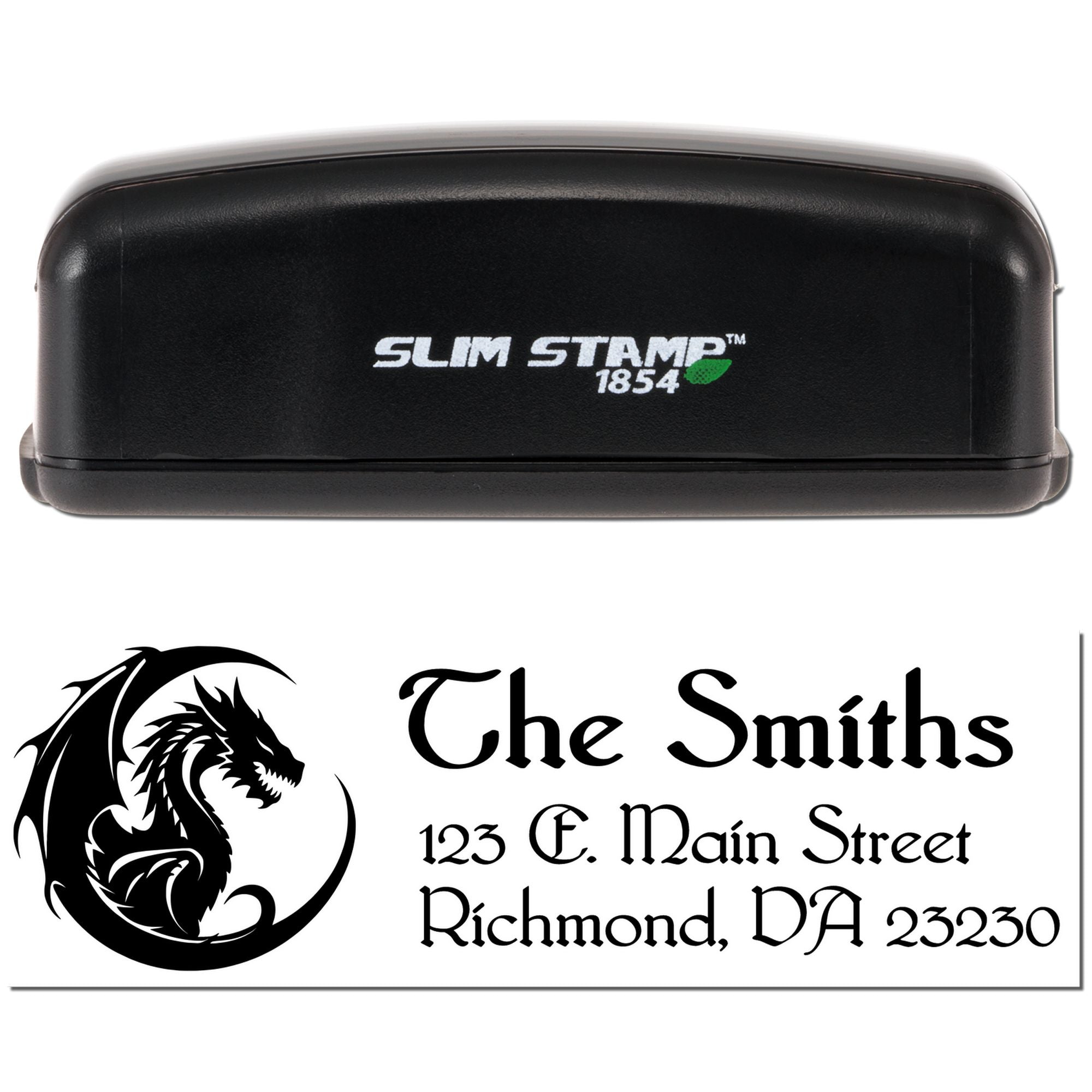 Slim Stamp 1854 custom address rubber stamp with dragon logo and The Smiths return address design.