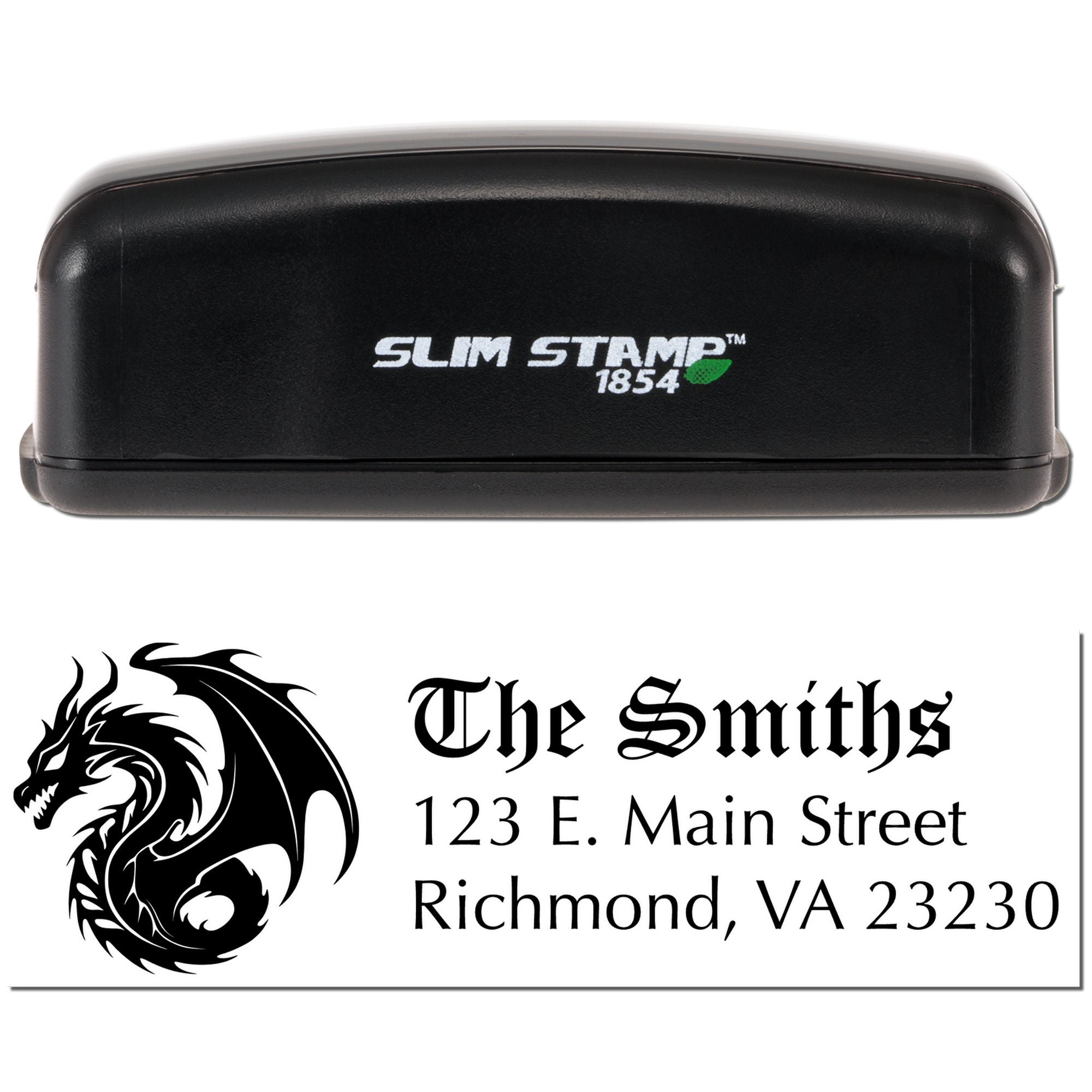 Custom self-inking rubber address stamp with dragon logo for The Smiths, Richmond VA business mailings