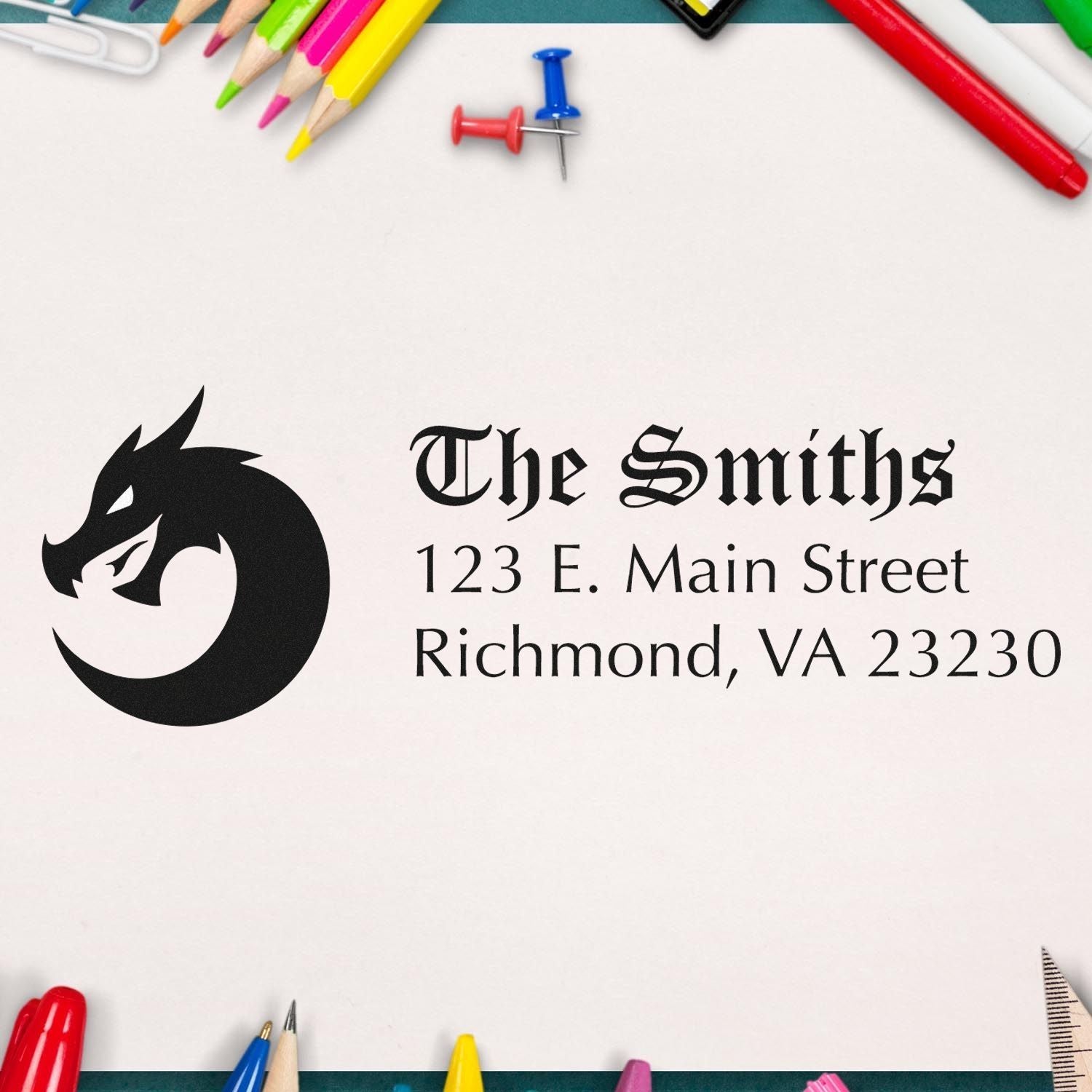 Custom rubber address stamp with dragon logo for The Smiths, featuring a Richmond, VA return address on stationery.