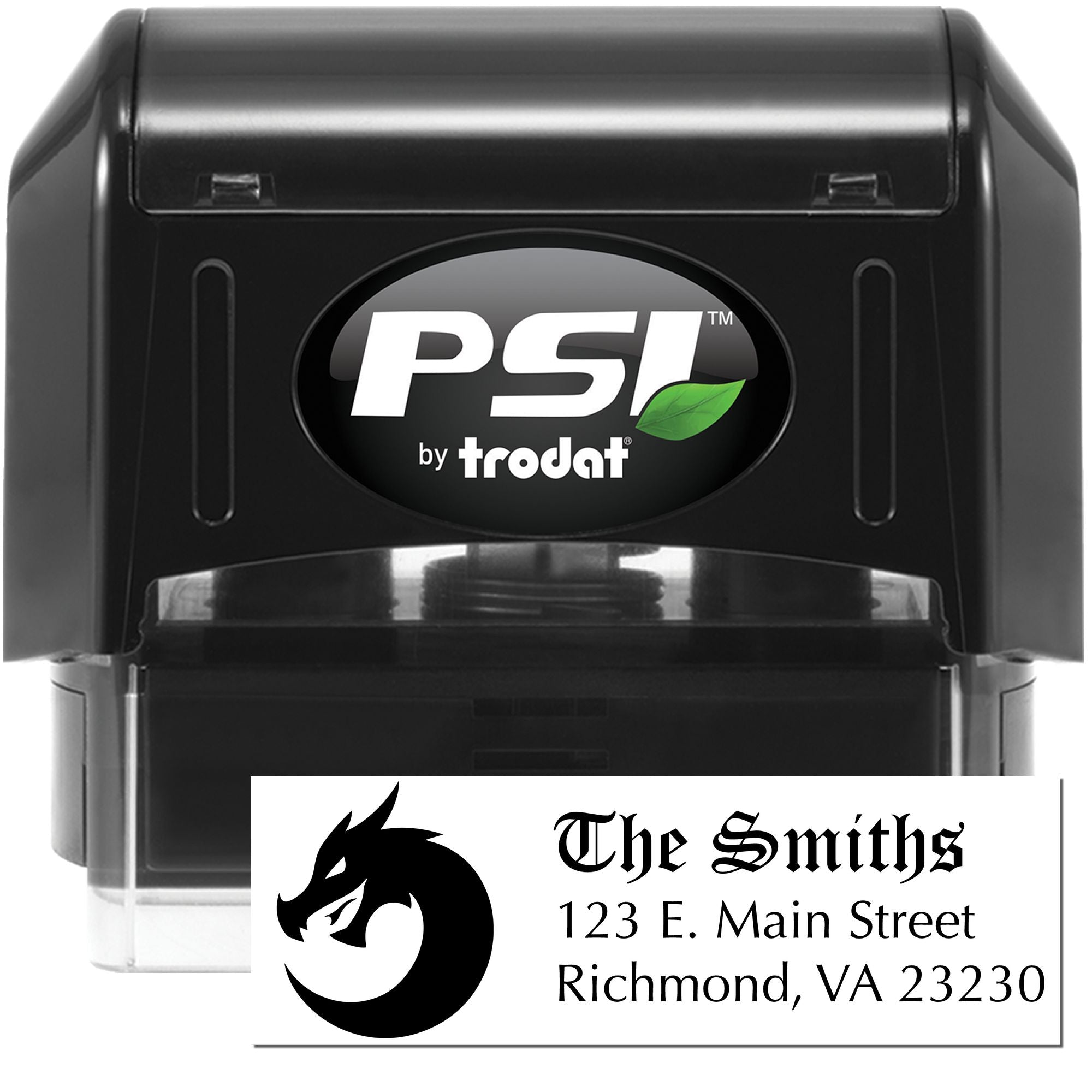 Custom self-inking rubber stamp for The Smiths with dragon logo and return address, ideal for business or personal mailings.