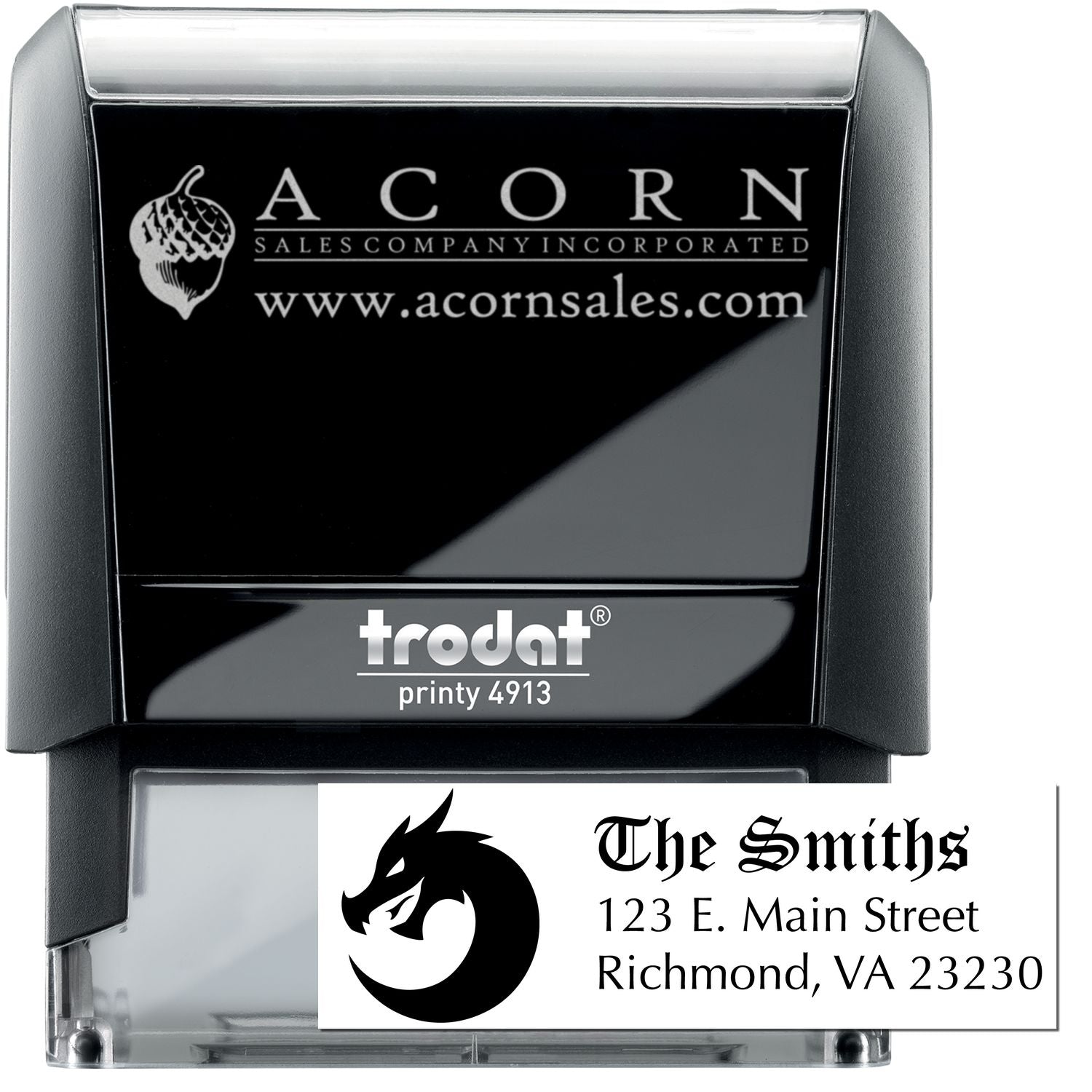 Trodat Printy 4913 self-inking rubber stamp with custom logo and return address imprint for business branding.