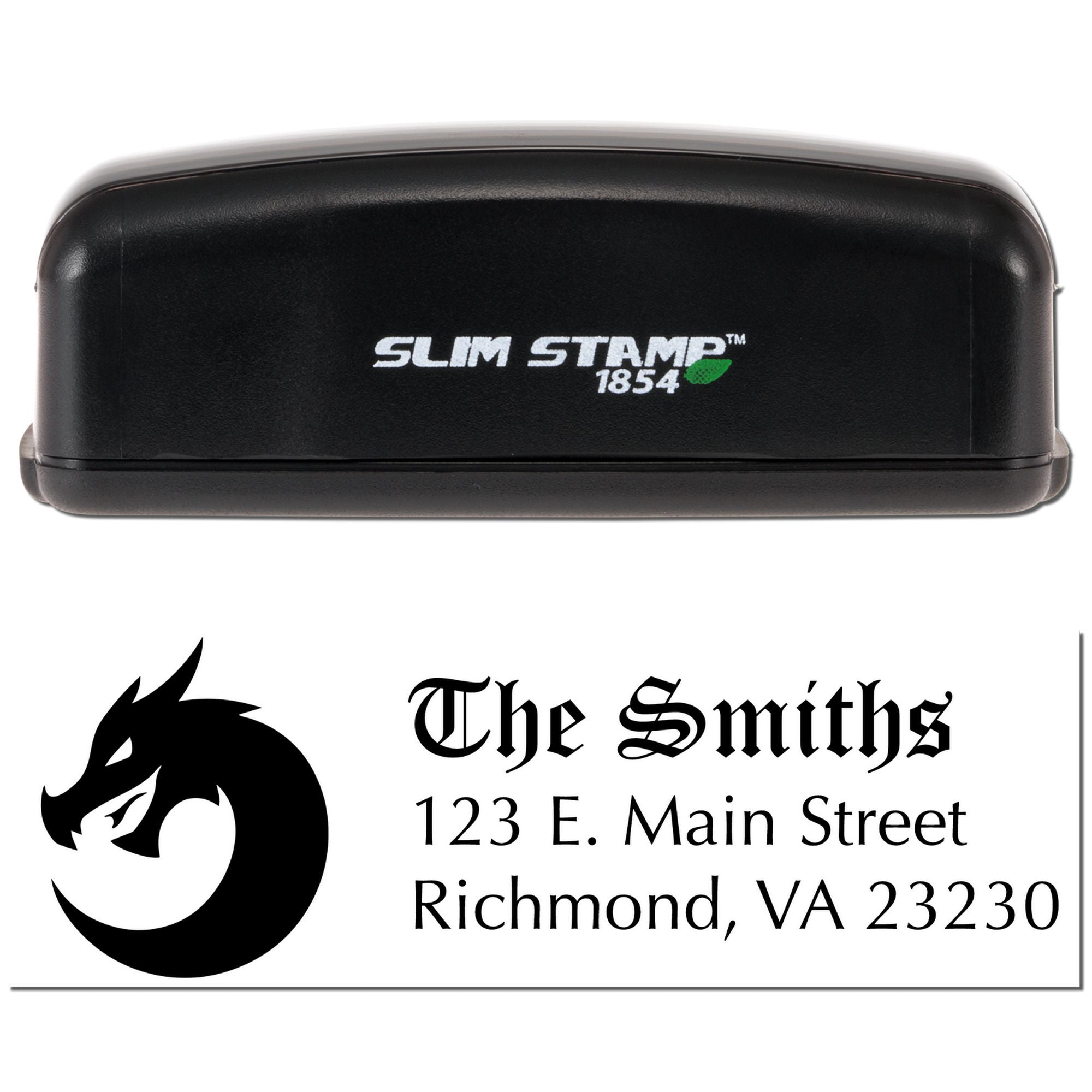 Slim Stamp 1854 custom address rubber stamp with dragon logo, The Smiths name, and Richmond, VA address.