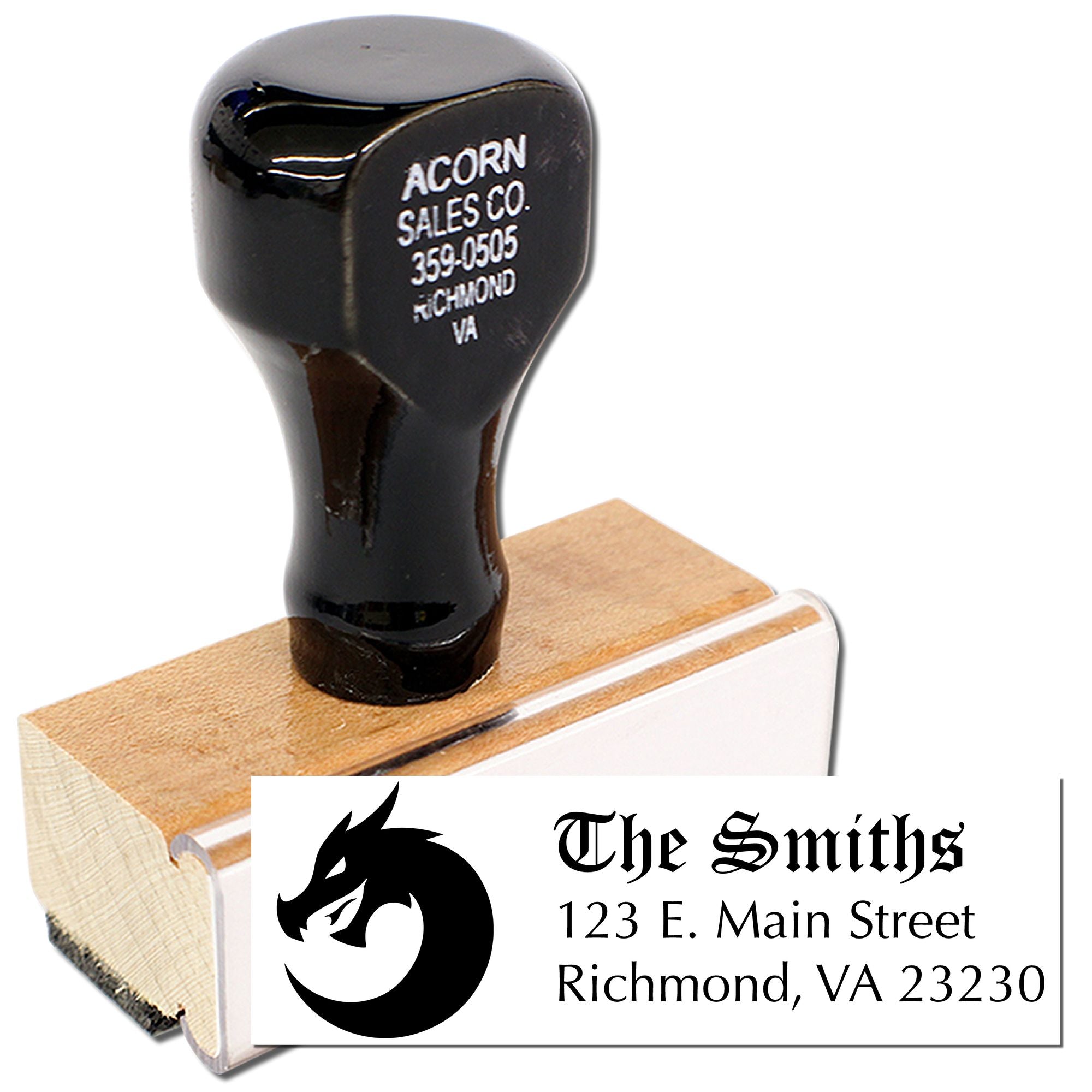 Custom wood handle rubber stamp with dragon logo and The Smiths Richmond, VA business address.