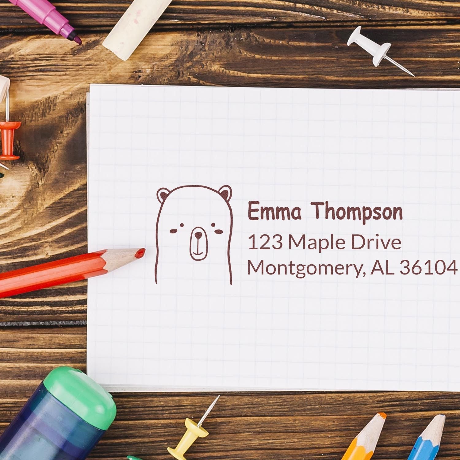 Personalized bear return address rubber stamp for Emma Thompson, 123 Maple Drive, Montgomery, AL 36104