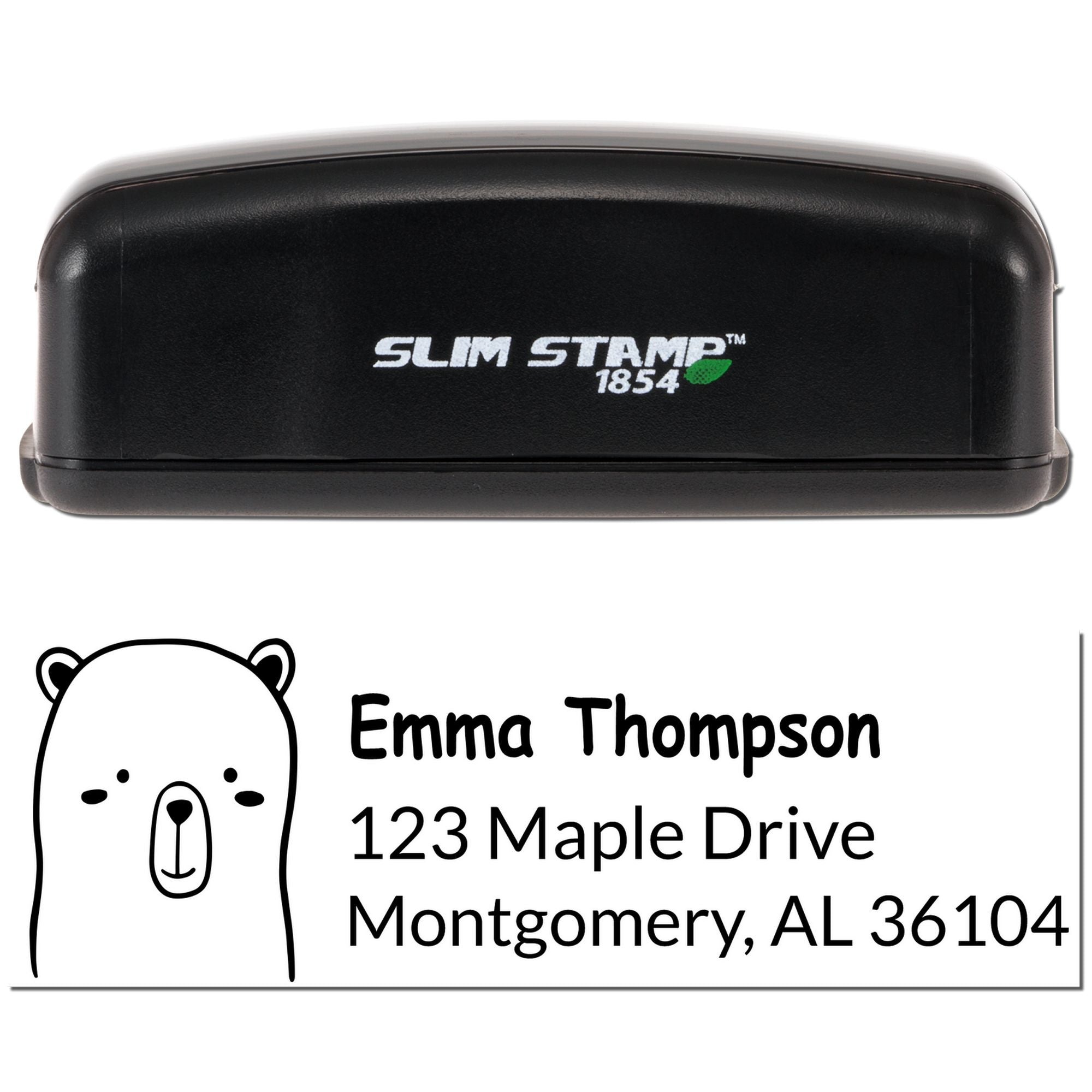 Custom rubber address stamp with bear design for Emma Thompson, 123 Maple Drive, Montgomery, AL 36104.