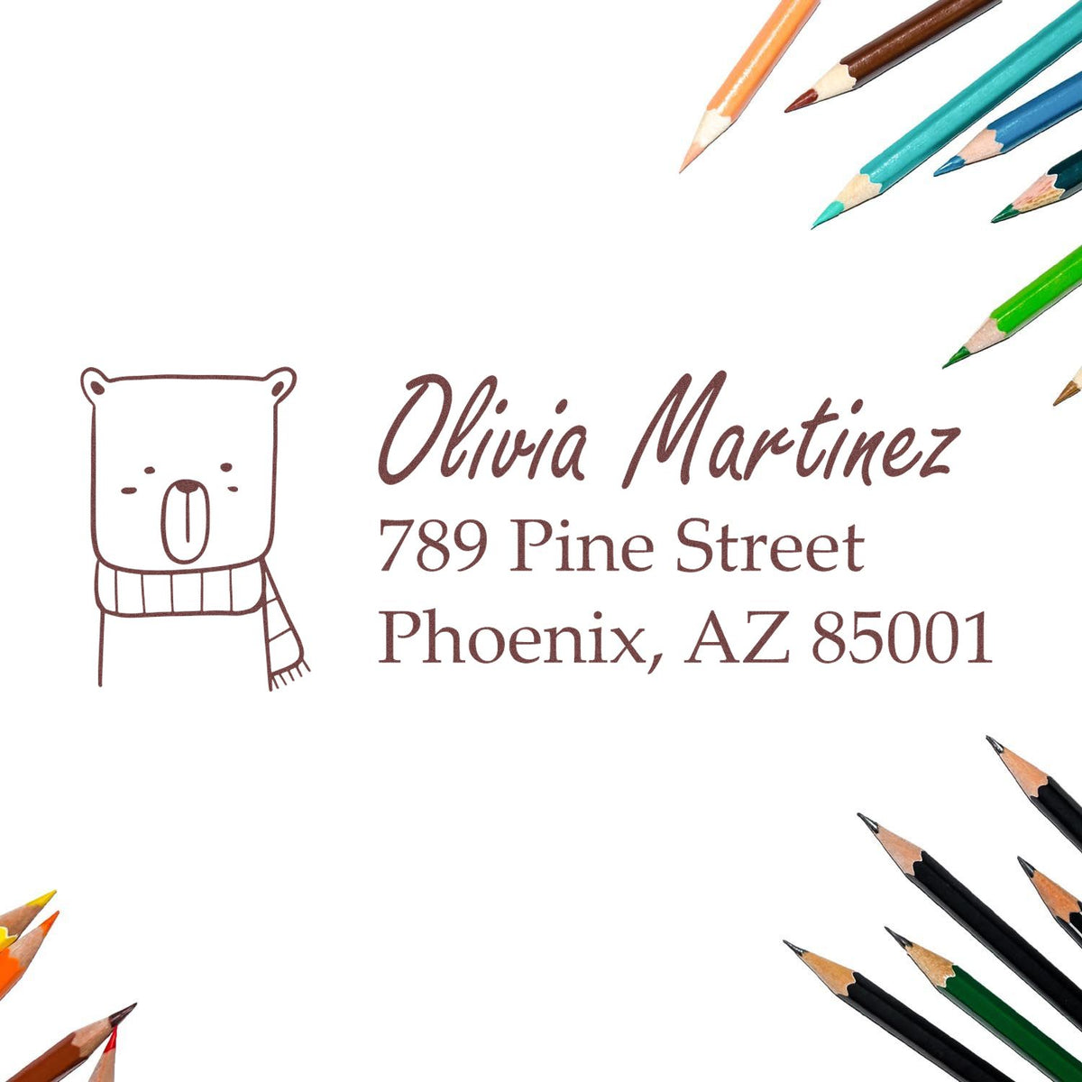 Custom return address rubber stamp for Olivia Martinez, Phoenix AZ 85001, featuring a bear icon and pencil border.