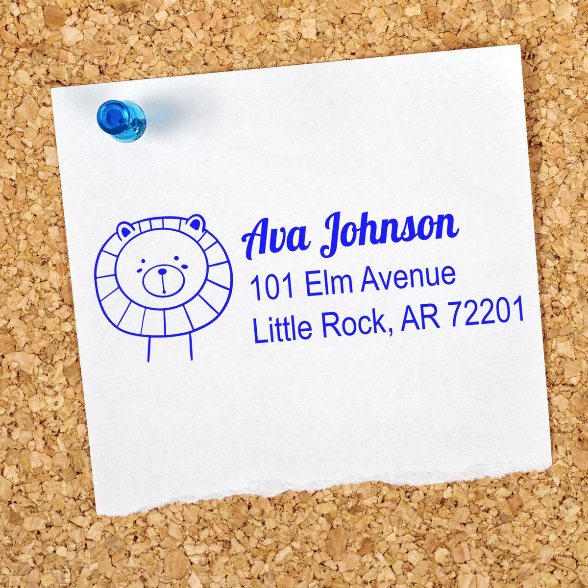 Custom address rubber stamp with lion icon for Ava Johnson, 101 Elm Avenue, Little Rock, AR 72201.