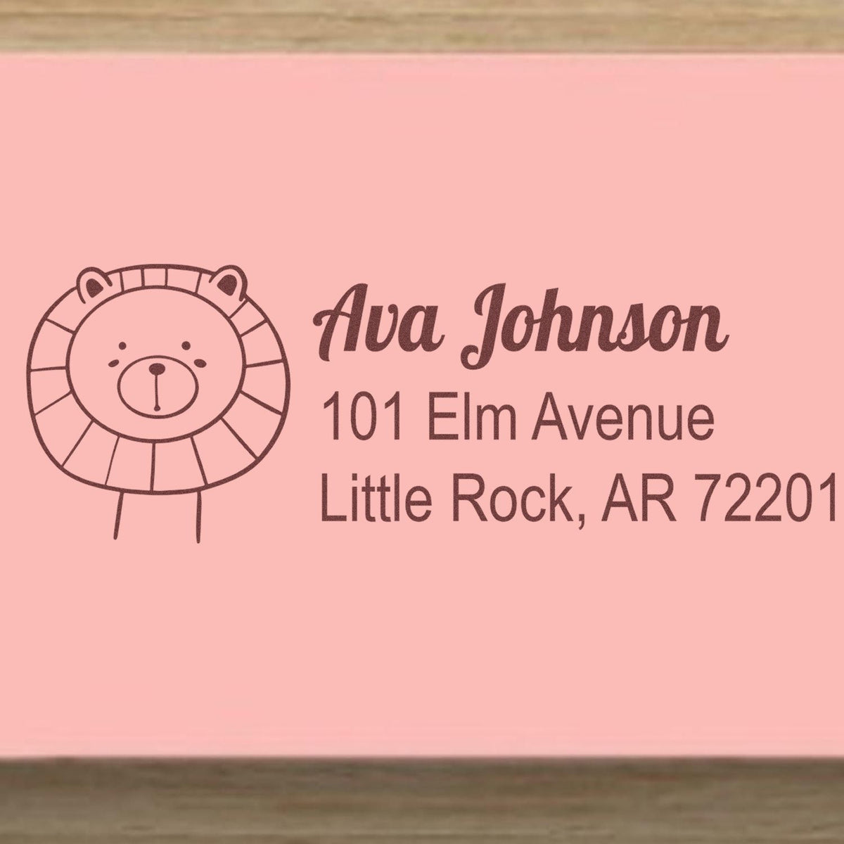 Custom bear return address rubber stamp for Ava Johnson, 101 Elm Avenue, Little Rock, AR 72201.