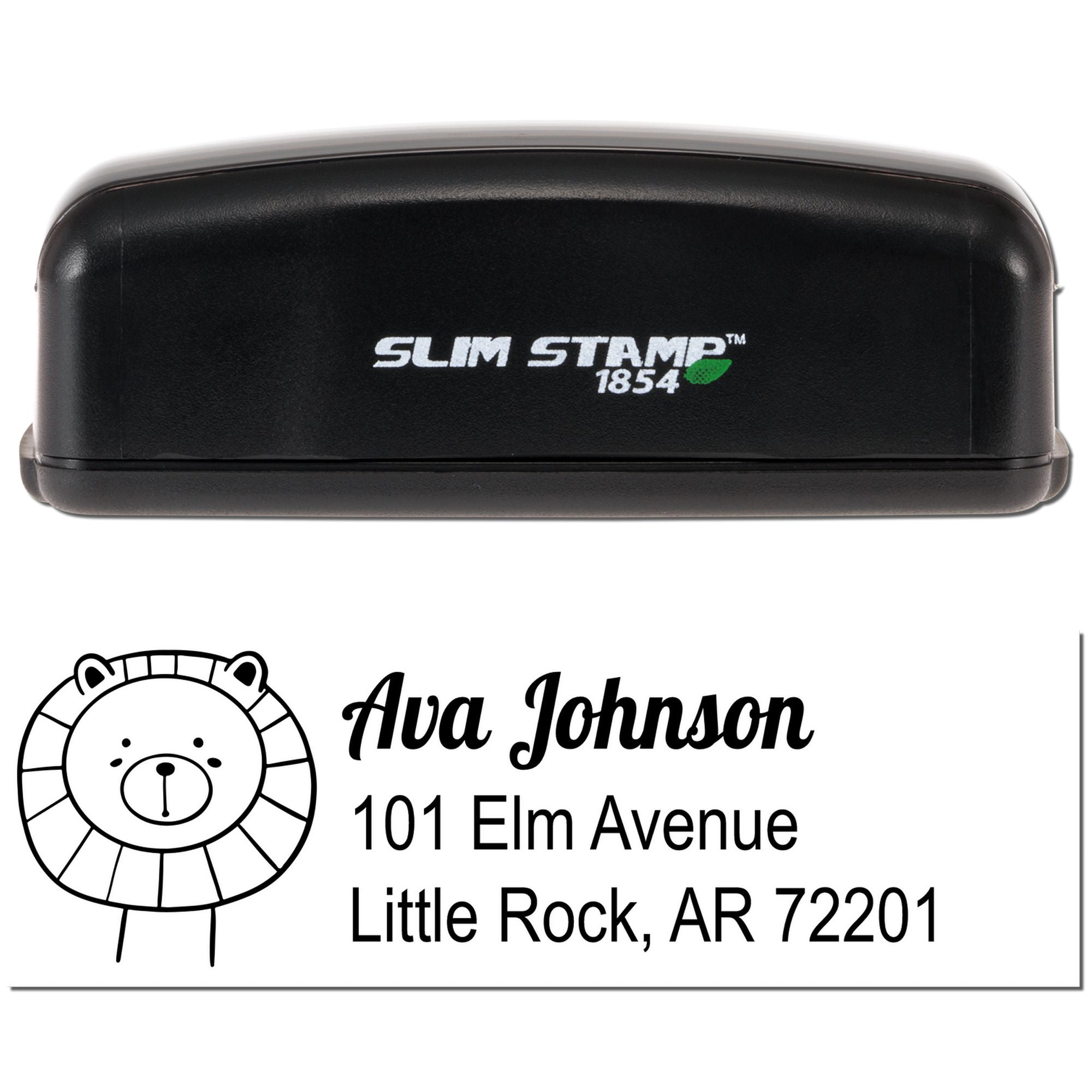 Slim Stamp 1854 custom address rubber stamp with lion logo for personalized mailing and return address printing