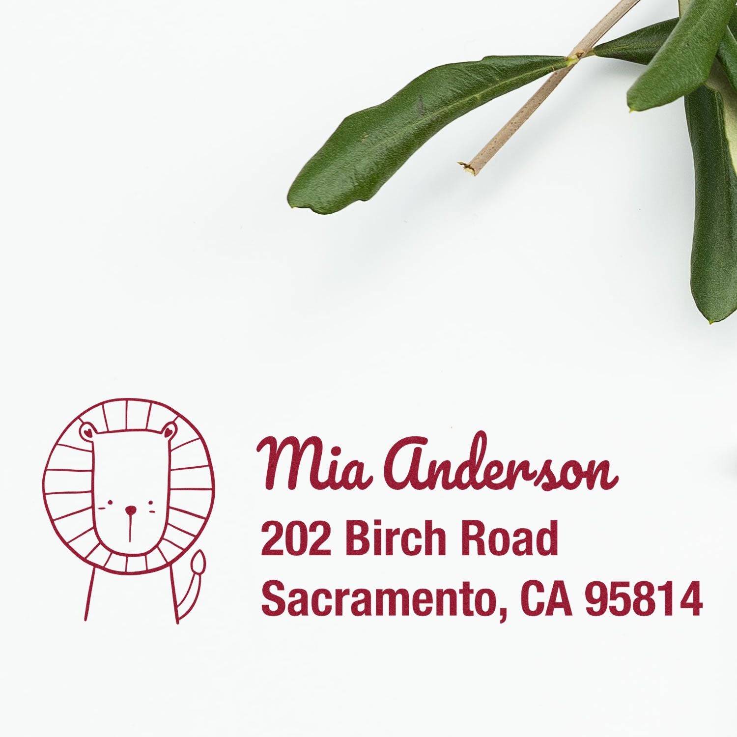 Custom lion address rubber stamp with Mia Anderson, 202 Birch Road, Sacramento, CA 95814