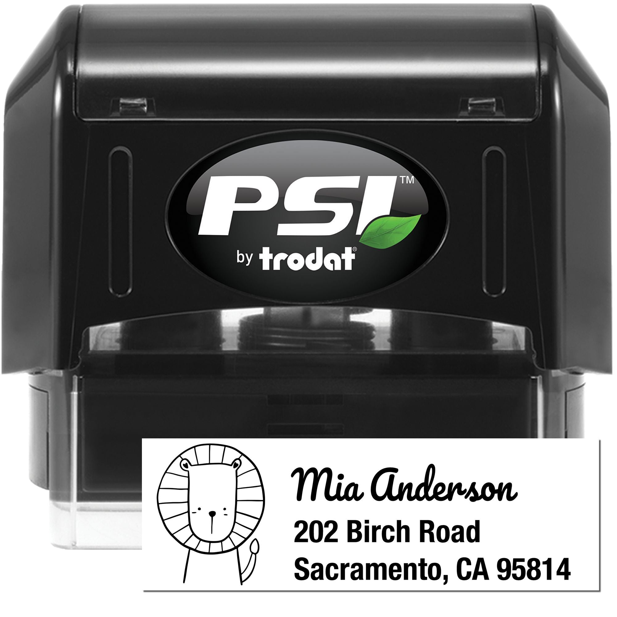 PSI by Trodat self-inking address rubber stamp with custom name and address for personalized mailing and business use.