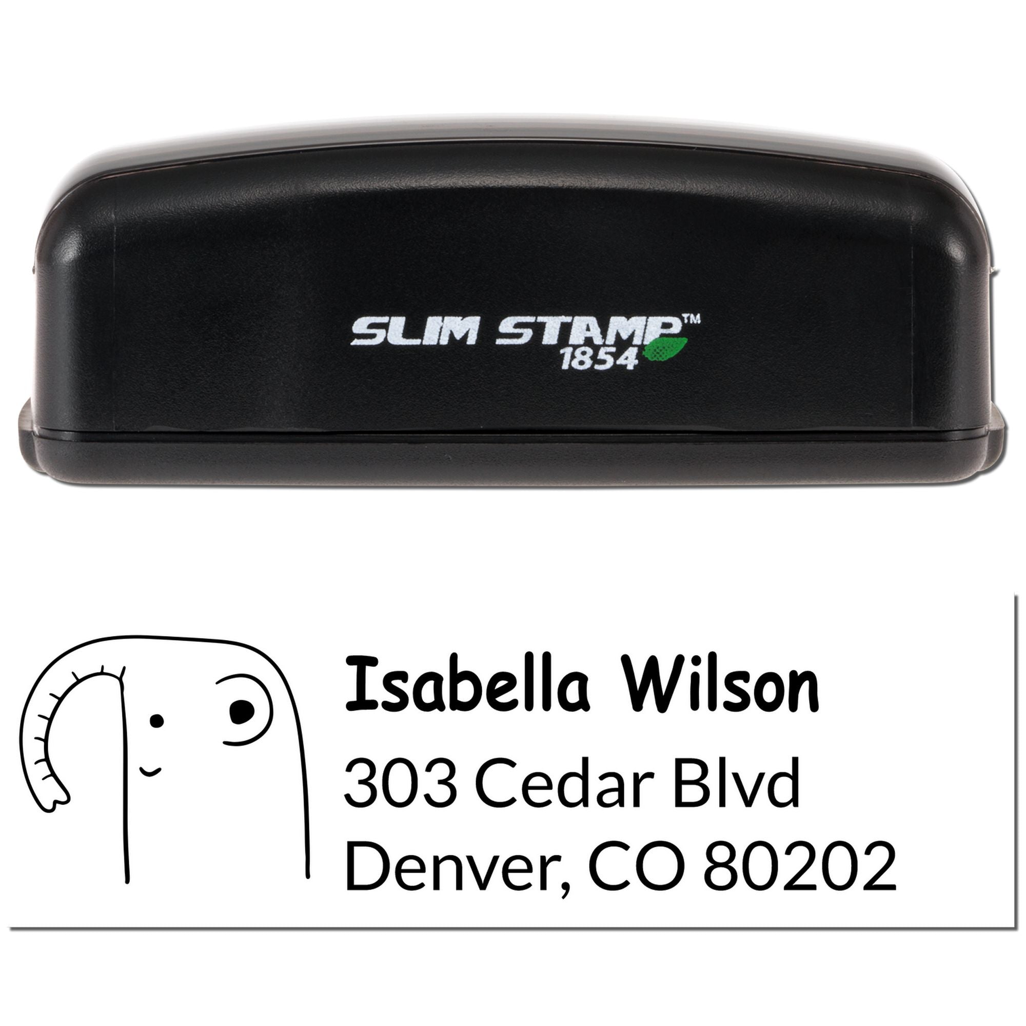 Custom self-inking rubber address stamp with name and Denver return address, shown with Slim Stamp 1854 case.