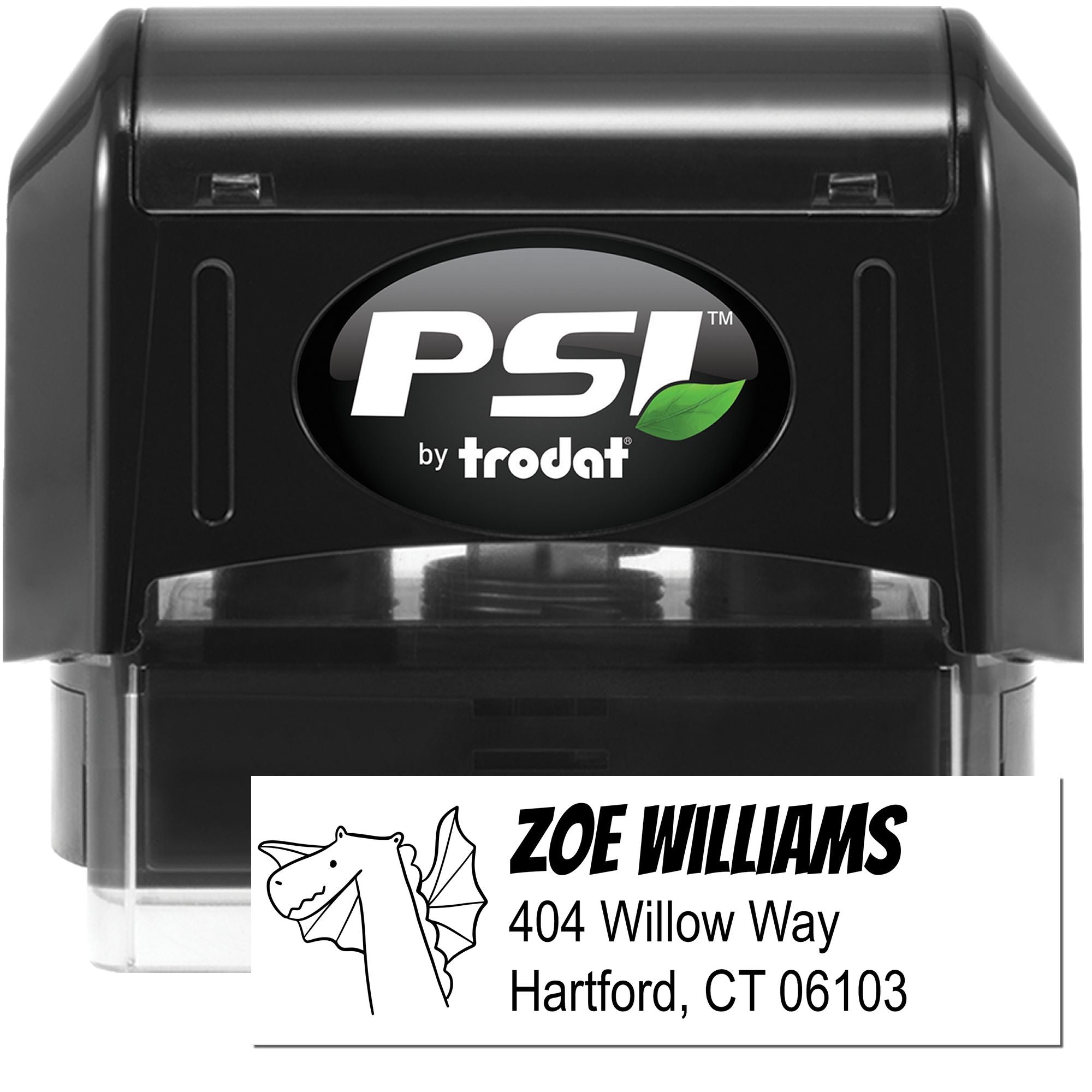 PSI by Trodat self-inking custom address rubber stamp with dragon design, Zoe Williams, Hartford, CT 06103.