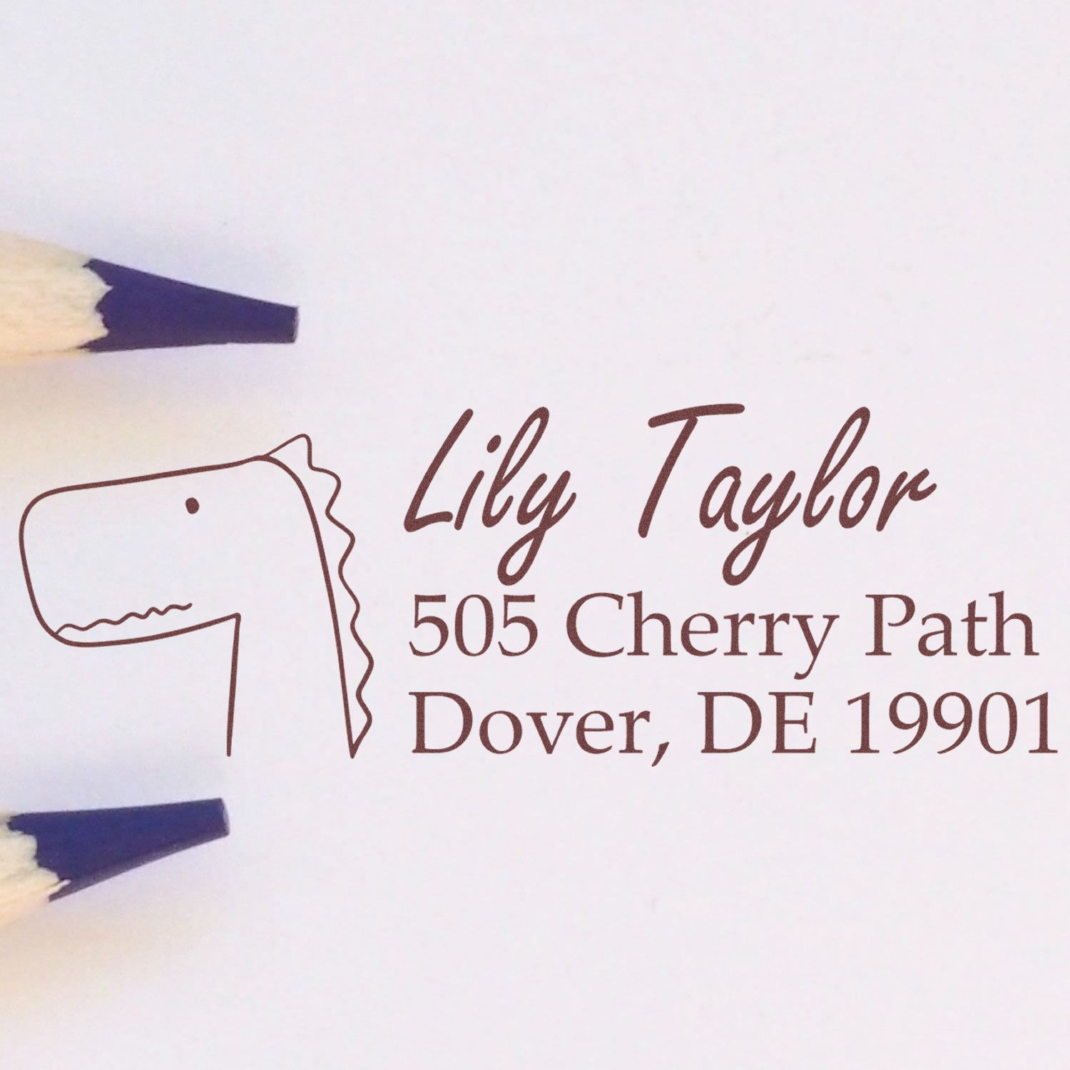 Custom horse logo address rubber stamp for Lily Taylor, 505 Cherry Path, Dover, DE 19901.